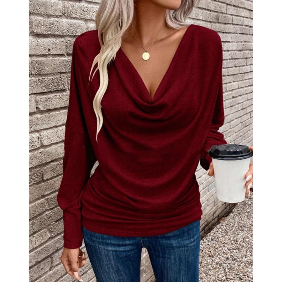 Women's V-neck Pile Collar Solid Color Knitted Long Sleeve Loose T-shirt