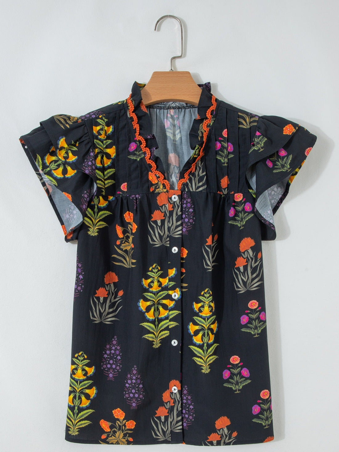 Floral Print Lace Trim Frilled V Neck Short Sleeve Shirt