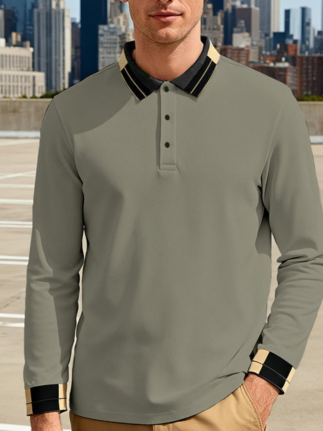 Men's Full Size Button Detail Long Sleeve Polo Plus Size