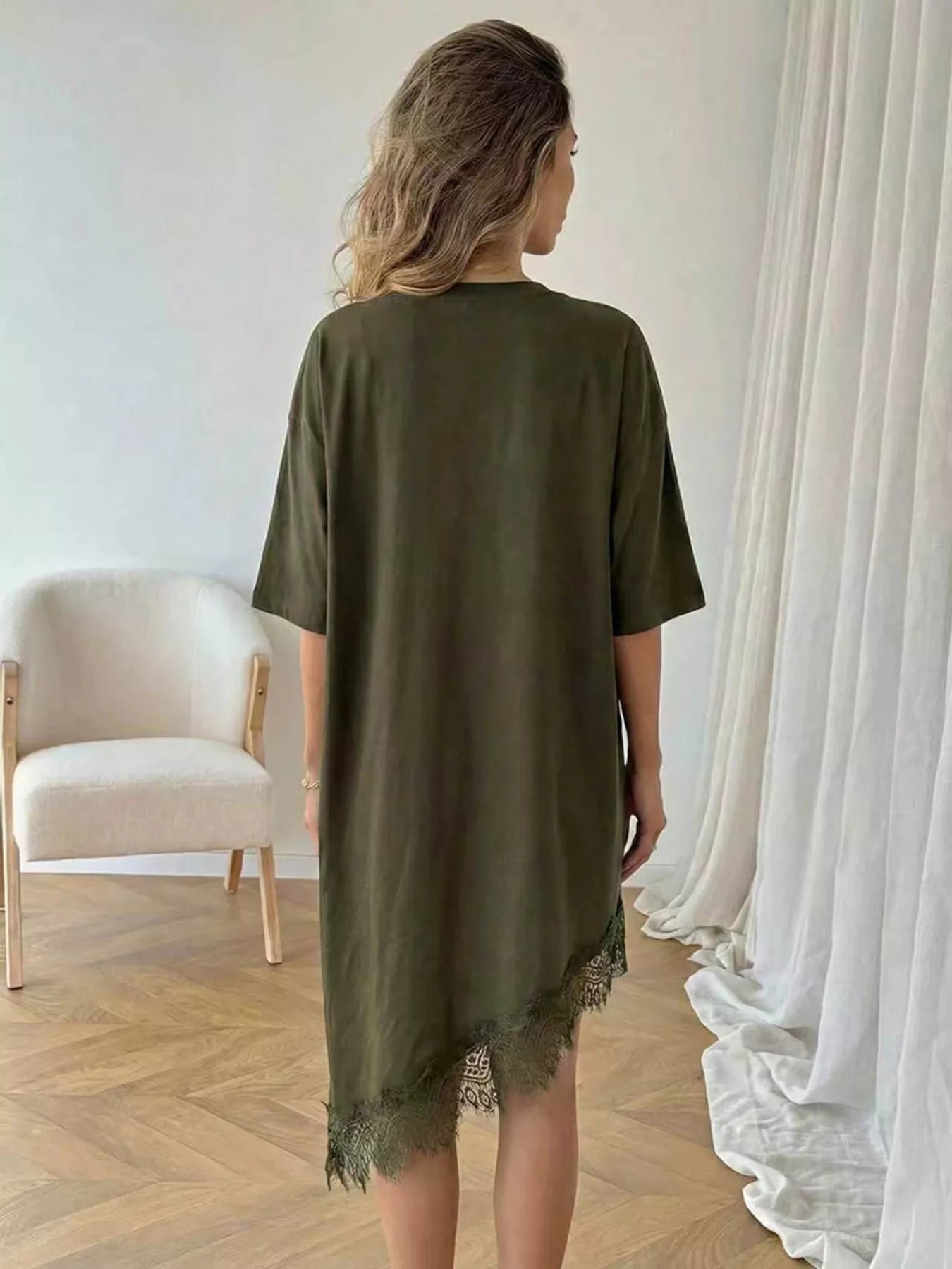 Women's Lace Trim Asymmetrical Hem T-shirt Dress