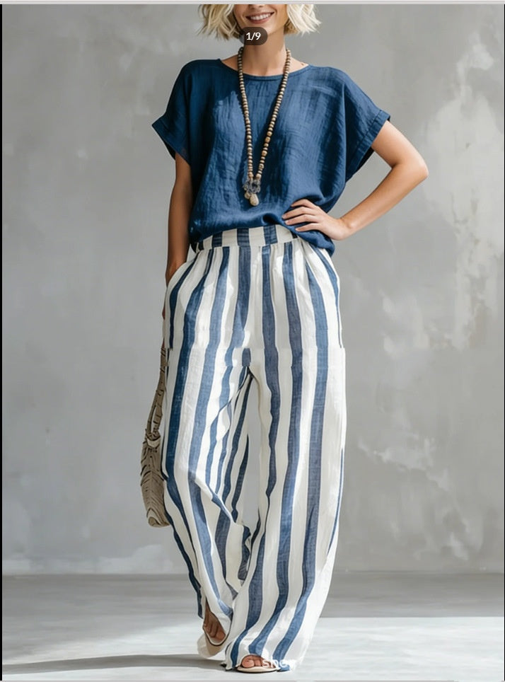 Women's Short-sleeved Trousers Suit Summer Fashion Round Neck Pullover T-Shirt And Striped Print Straight Leg Pants Two-Piece Clothing For Women