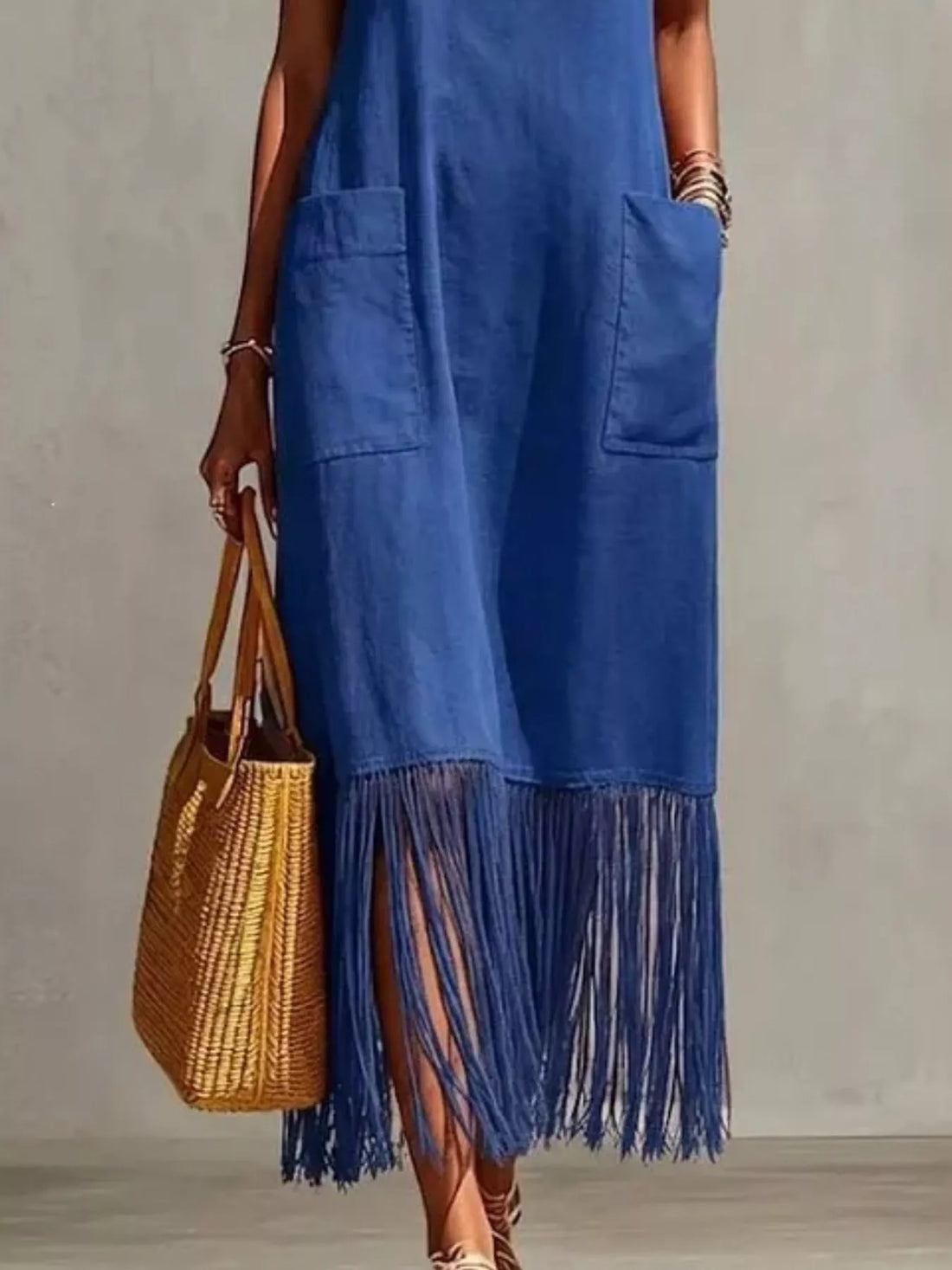 Women's Full Size Fringe V-Neck Spaghetti Strap Dress Plus Size