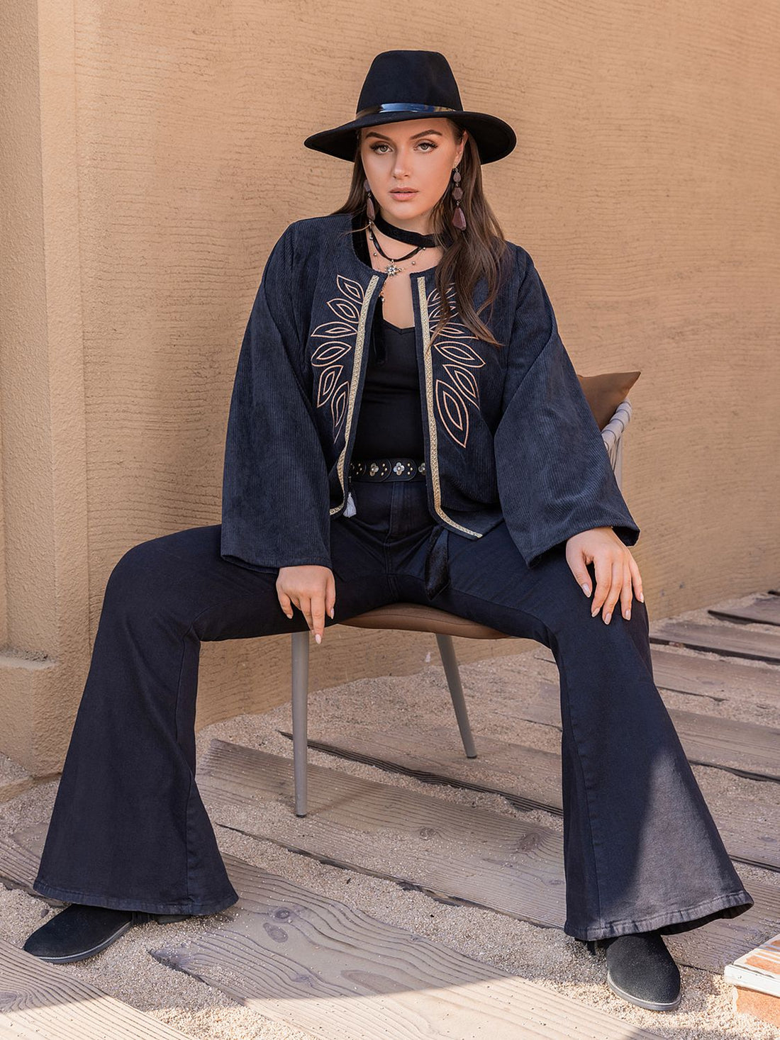 Plus Size Embroidered Open Front Jacket See size chart under “more details”
