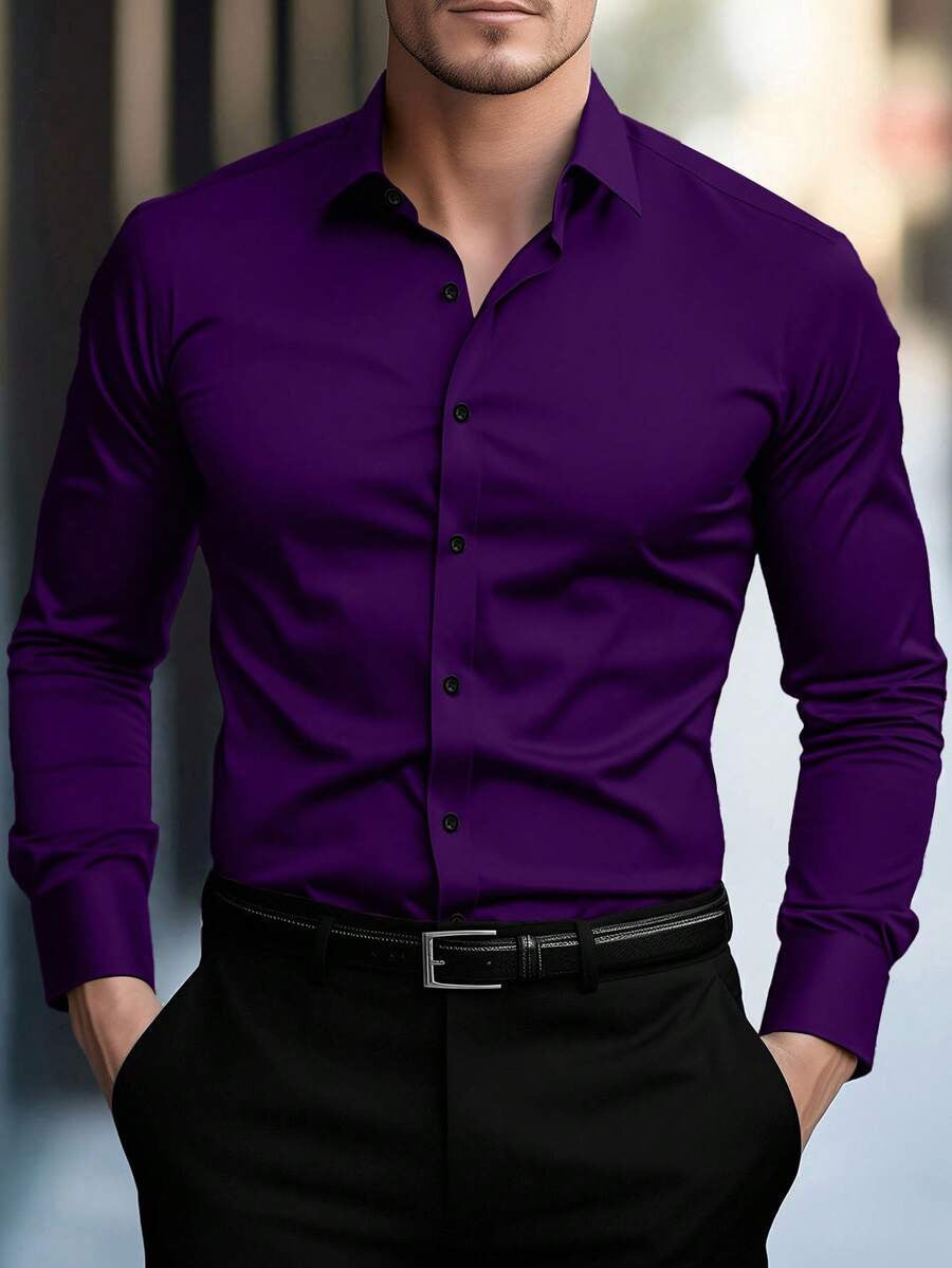 Men's Shirt Business Button Down Shirt Summer Solid Color Long Sleeve Lapel Vacation Shirt Fashion Temperament Casual Tops