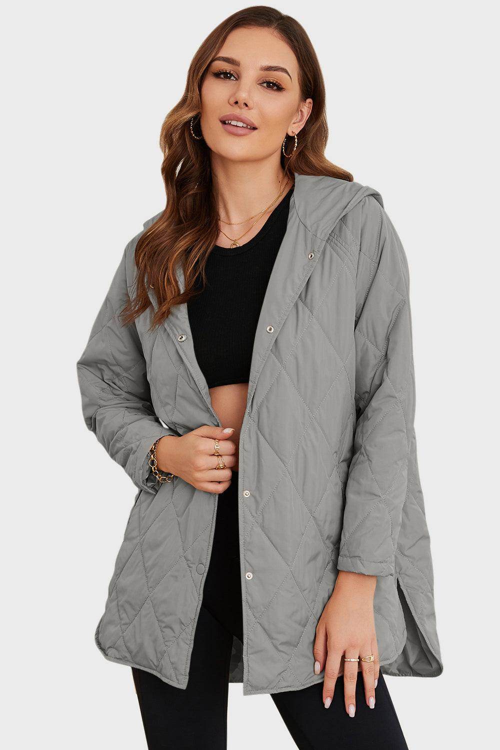 Snap Down Hooded Slit Winter Coat for Stylish Warmth