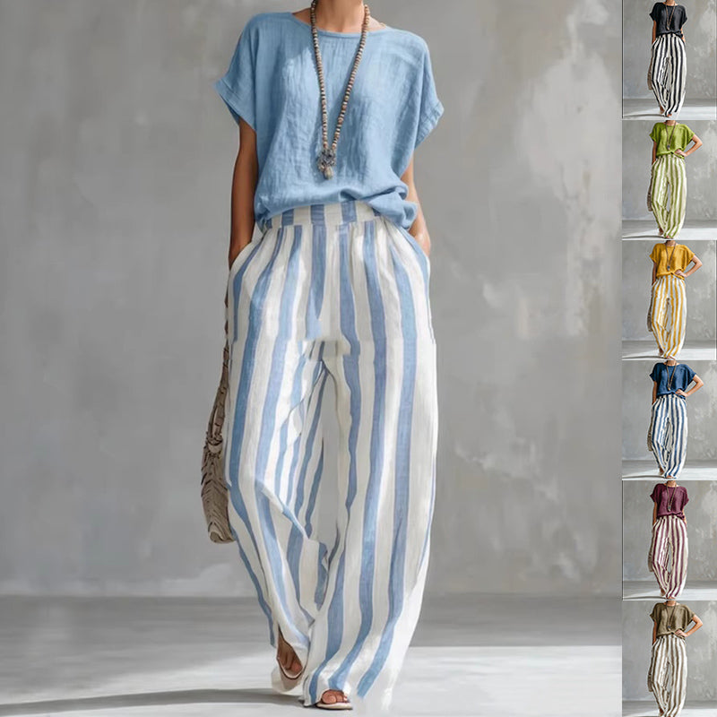 Women's Short-sleeved Trousers Suit Summer Fashion Round Neck Pullover T-Shirt And Striped Print Straight Leg Pants Two-Piece Clothing For Women