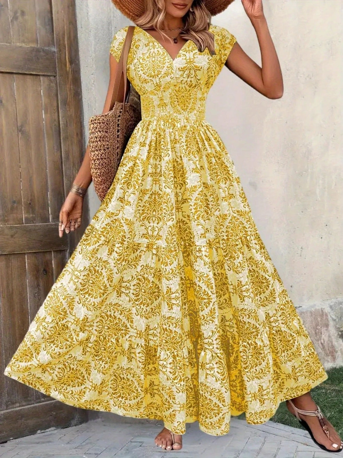 Printed Cap Sleeve Maxi Dress