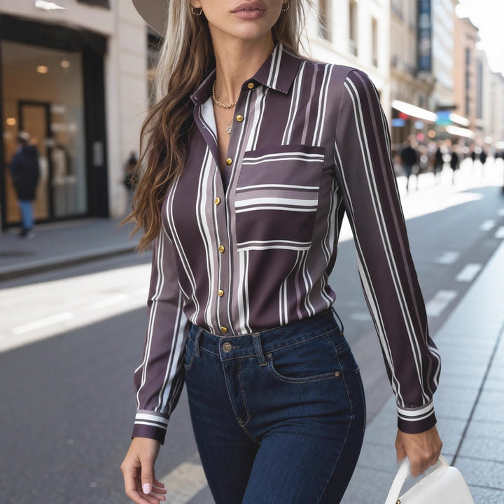 Elegant Sophisticated Striped Patchwork Print Blouse With Long Sleeves For Workwear