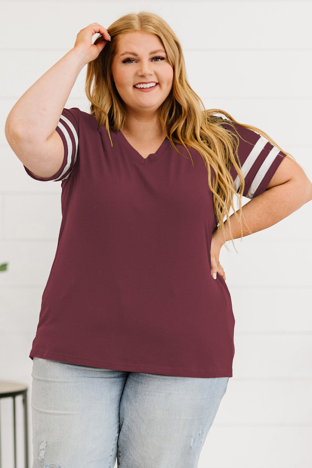 Plus Size Striped V-Neck Tee Shirt See size chart under “more details”