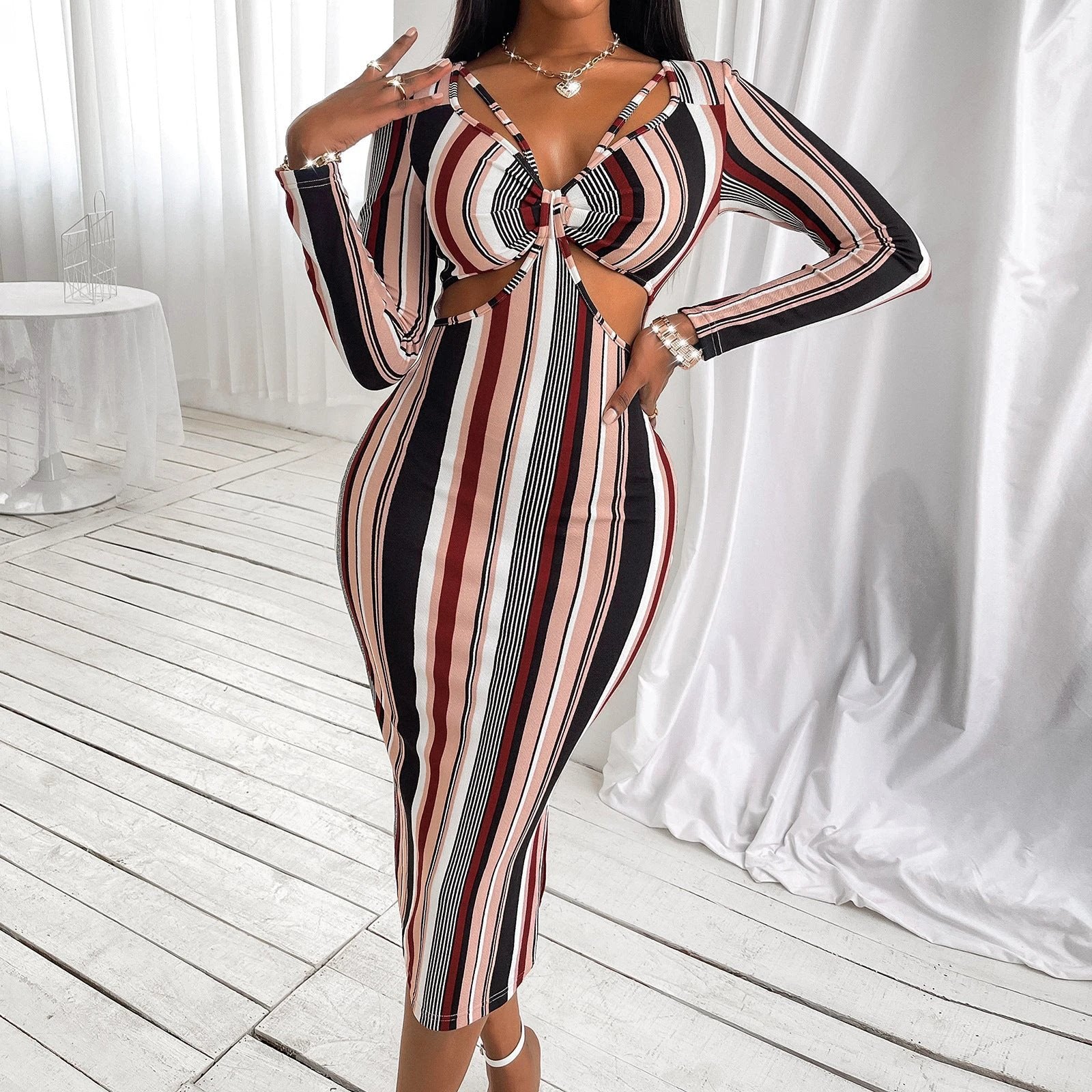 Women's Wrap Chest Striped Long Sleeve Dress