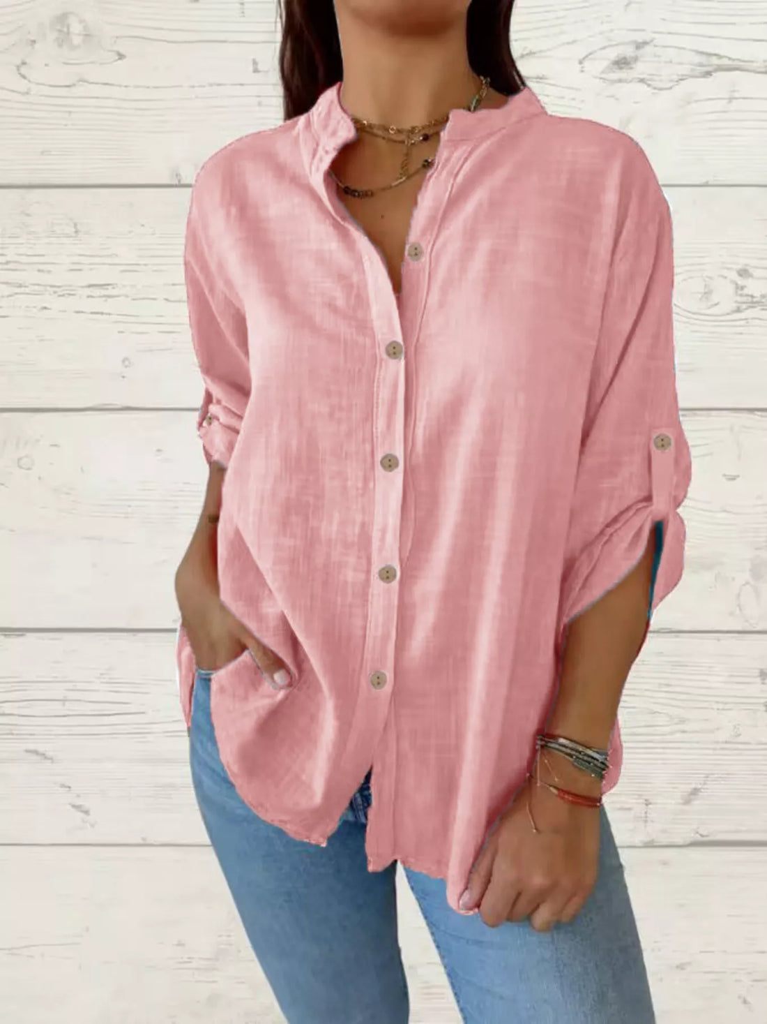 Women's Full Size Casual Button-Down Roll-Up Sleeve Shirt Plus Size