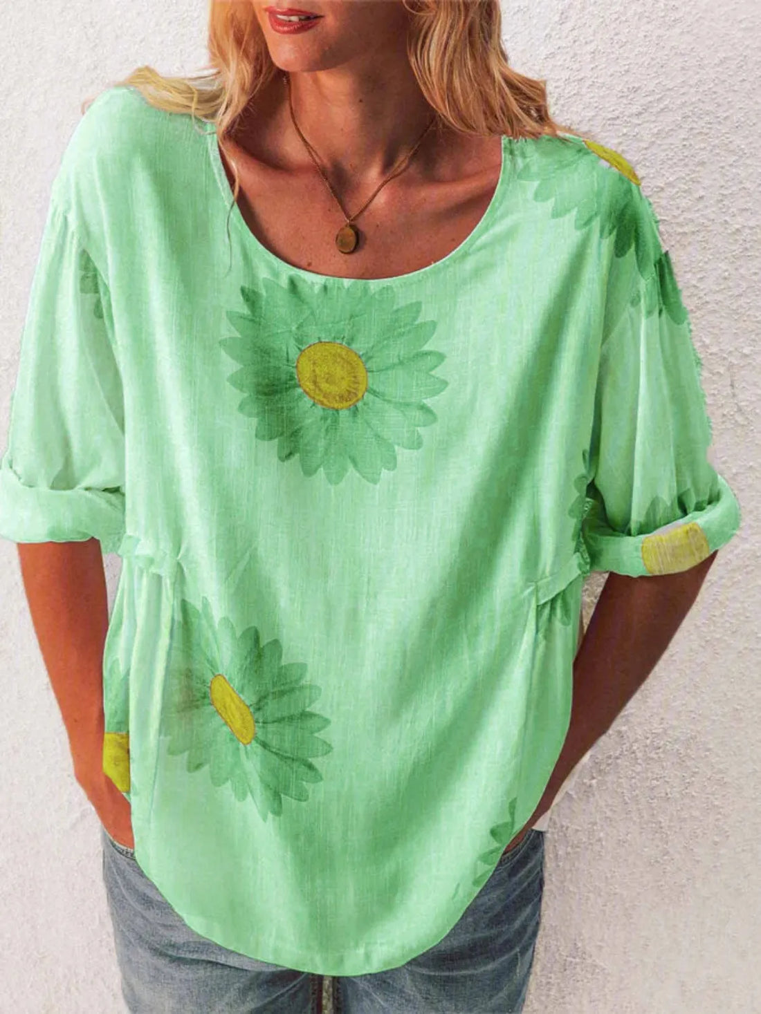 Full Size Flower Round Neck Half Sleeve T-Shirt Plus Size
