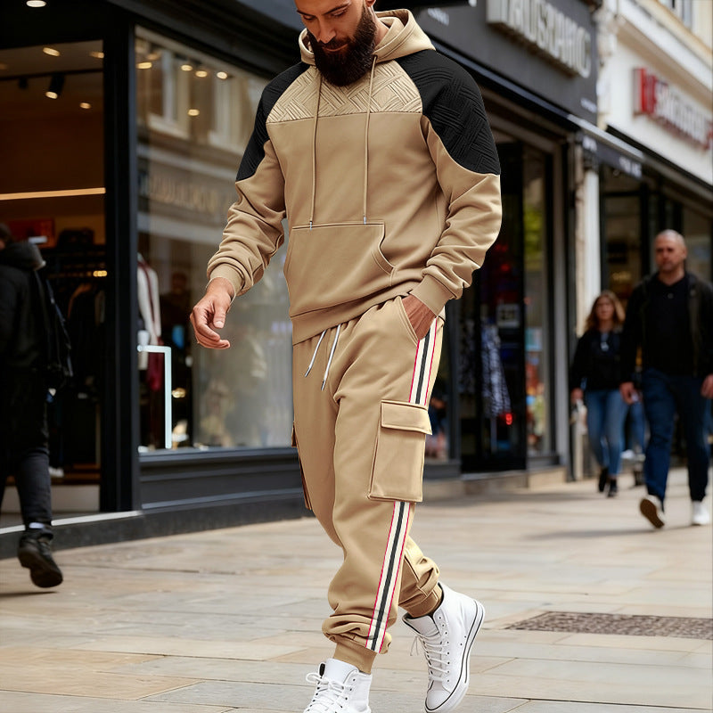 Loose Color-block Textured Hoodie And Sweatpants Casual Set