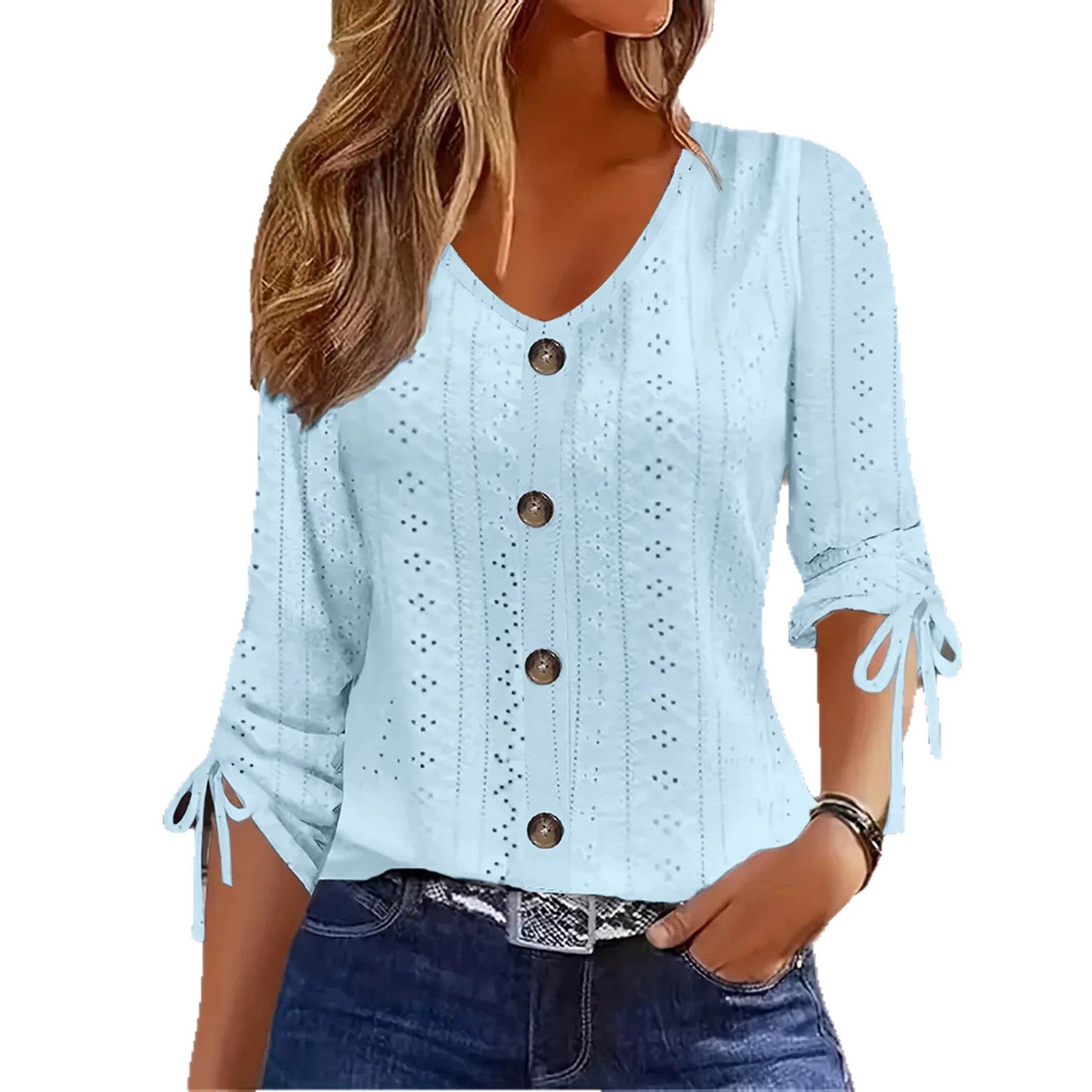 Solid-color Jacquard V-neck Buttoned Mid-sleeve T-shirt Top