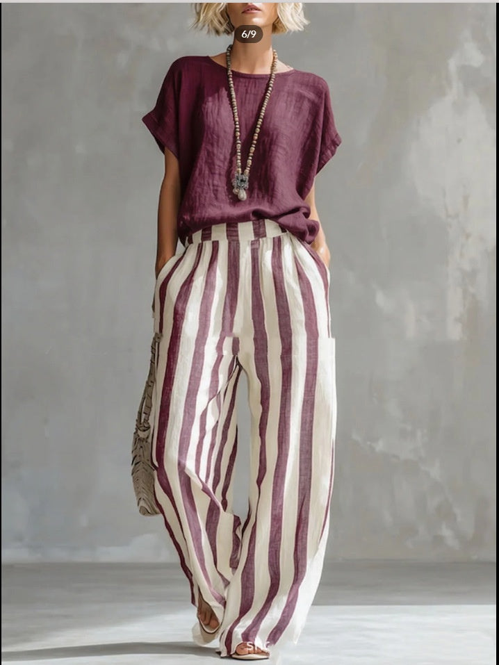 Women's Short-sleeved Trousers Suit Summer Fashion Round Neck Pullover T-Shirt And Striped Print Straight Leg Pants Two-Piece Clothing For Women