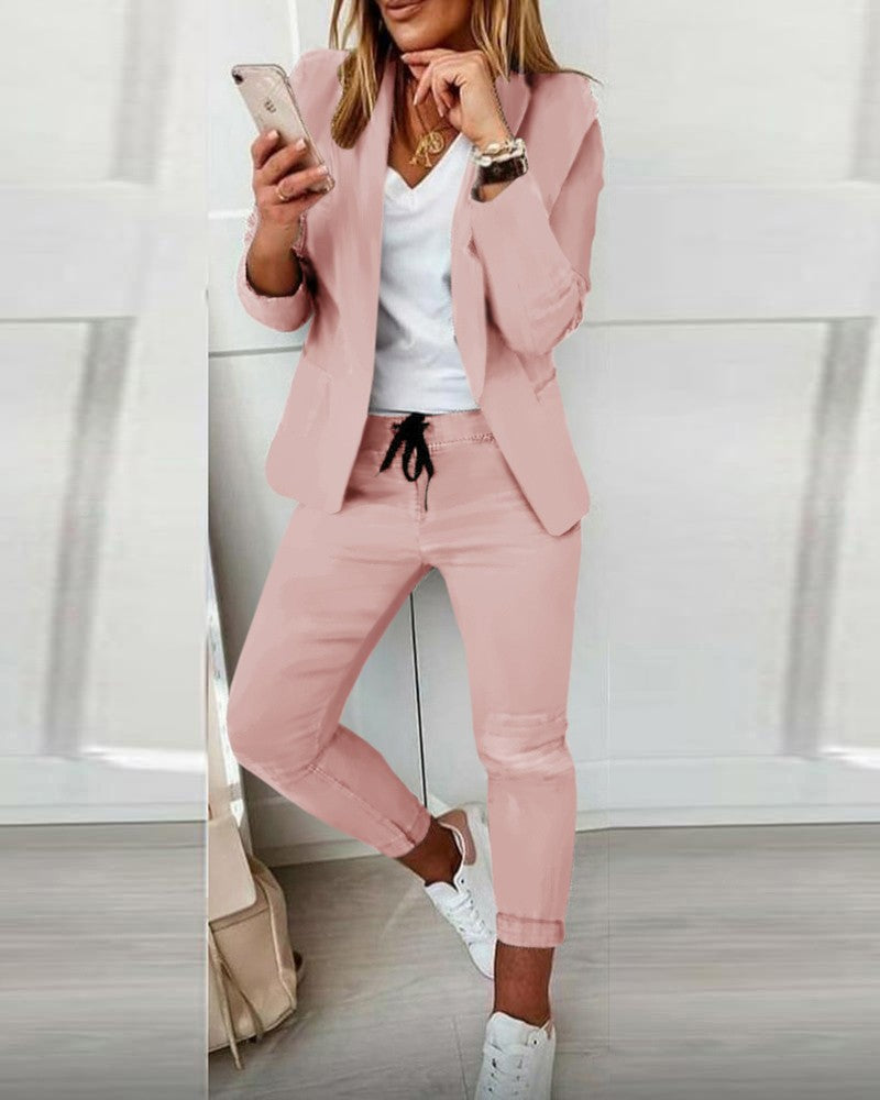 Women's Lapel Blazer & Drawstring Trousers OL Suit – 12 Colors XS–3XL