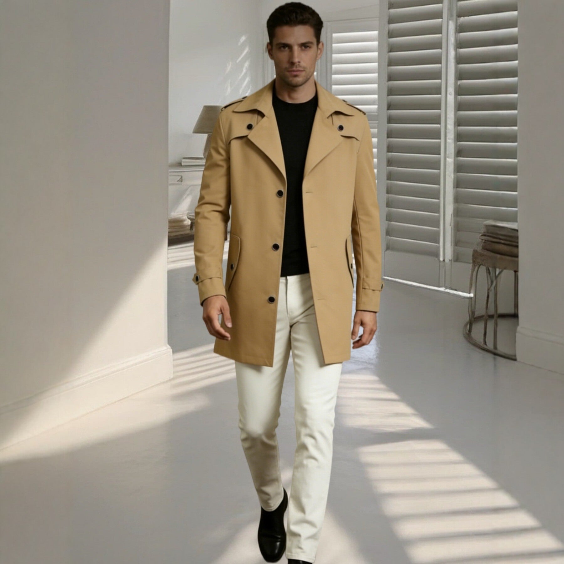 Men's Mid-Length Trench Coat - European American Style Solid Color Single-Breasted Casual Jacket for Daily Wear