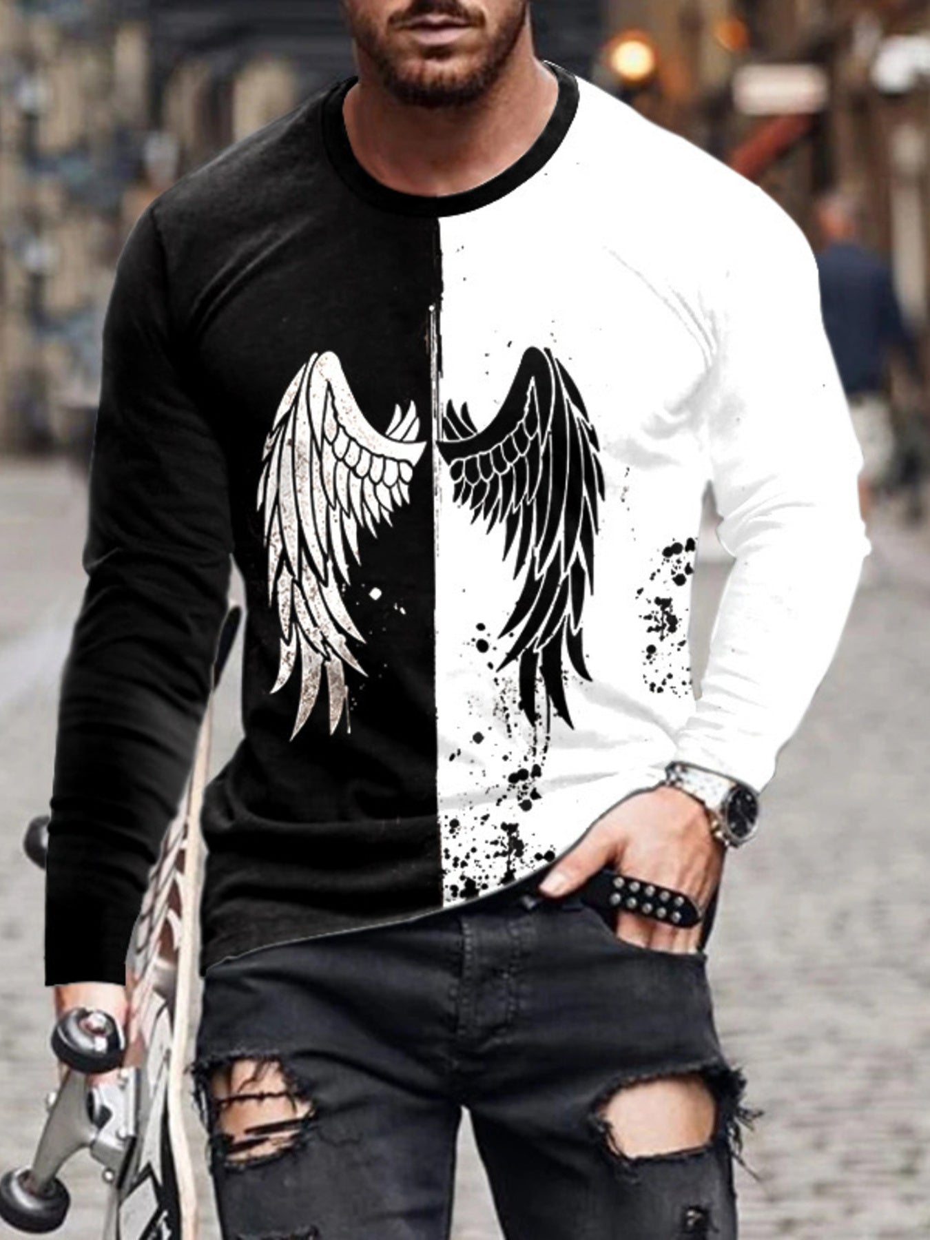 Men's Full Size Split-Color Wing Graphic Long-Sleeve T-Shirt Plus Size