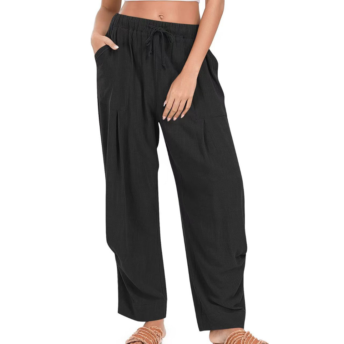 Women's Solid-Color Cotton-Linen Casual Loose Straight Pockets Lounge Pants With Drawstring See size chart under “more details”