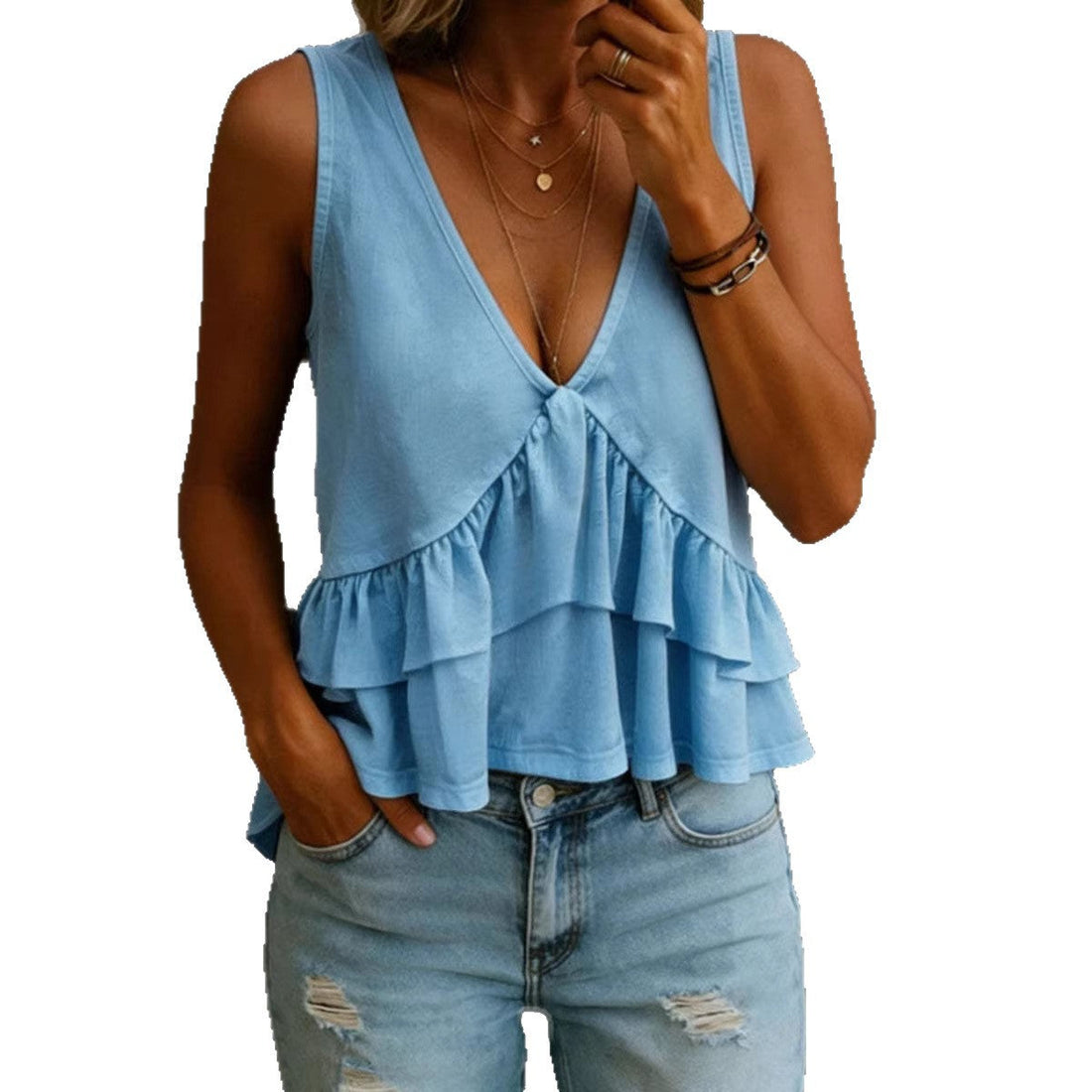 SpringSummer Womens Solid-Colored V-Neck Ruffled Sleeveless Top Vest