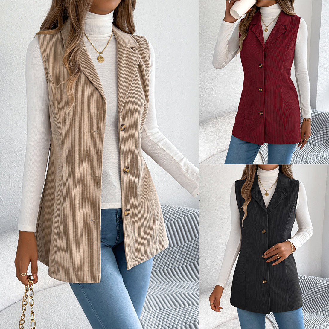 Women's European And American Casual Single-breasted Suit-collar Corduroy Waistcoat Jacket