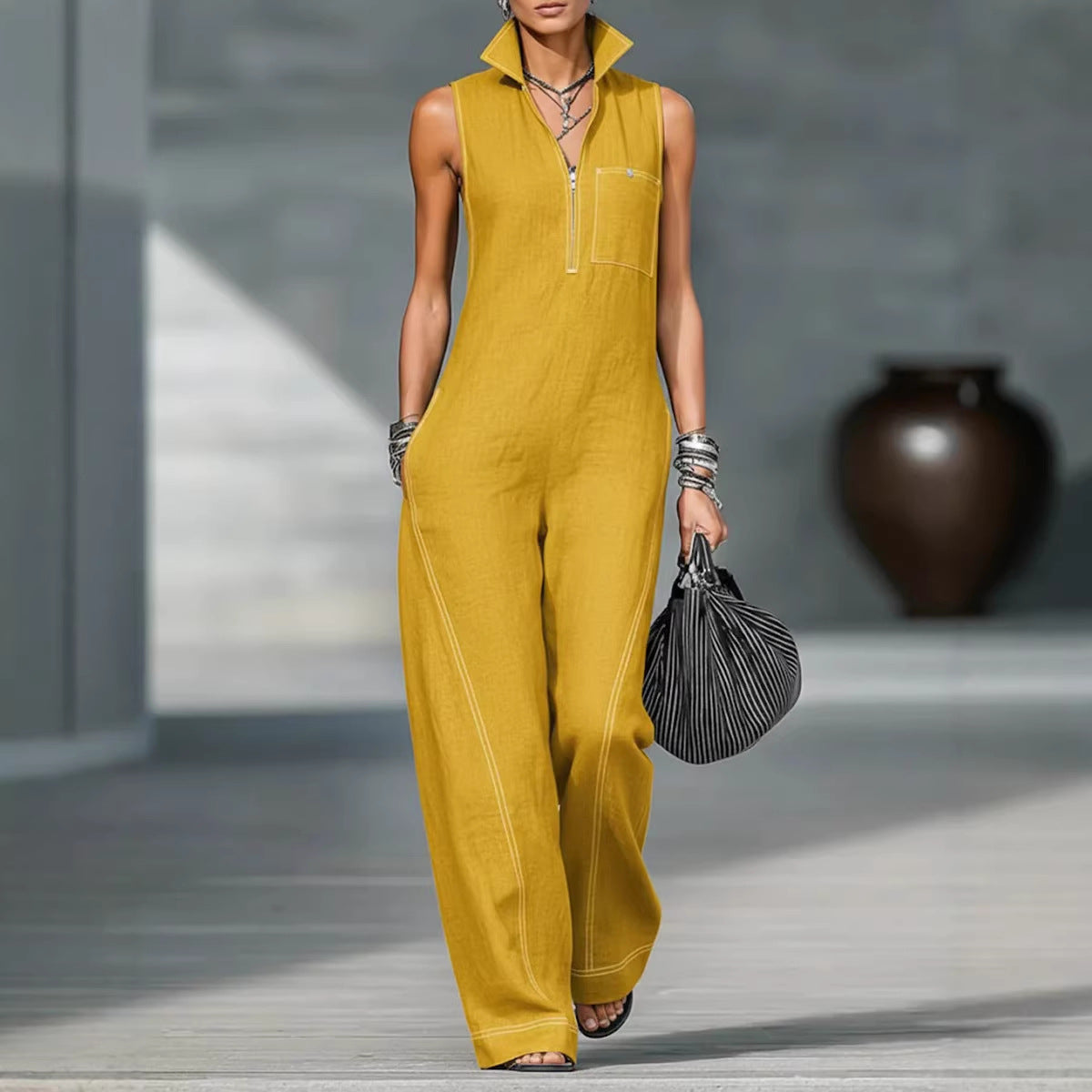 Women's Stand-up Collar Jumpsuit With Pockets Summer Fashion Casual Sleeveless Jumpsuit Trousers Women's Clothing