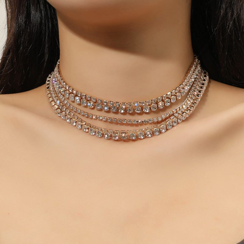 European And American Simple And Fashionable Neck Chain Claw Chain Inlaid With Diamond Rhinestone Multilayer Clavicle Chain