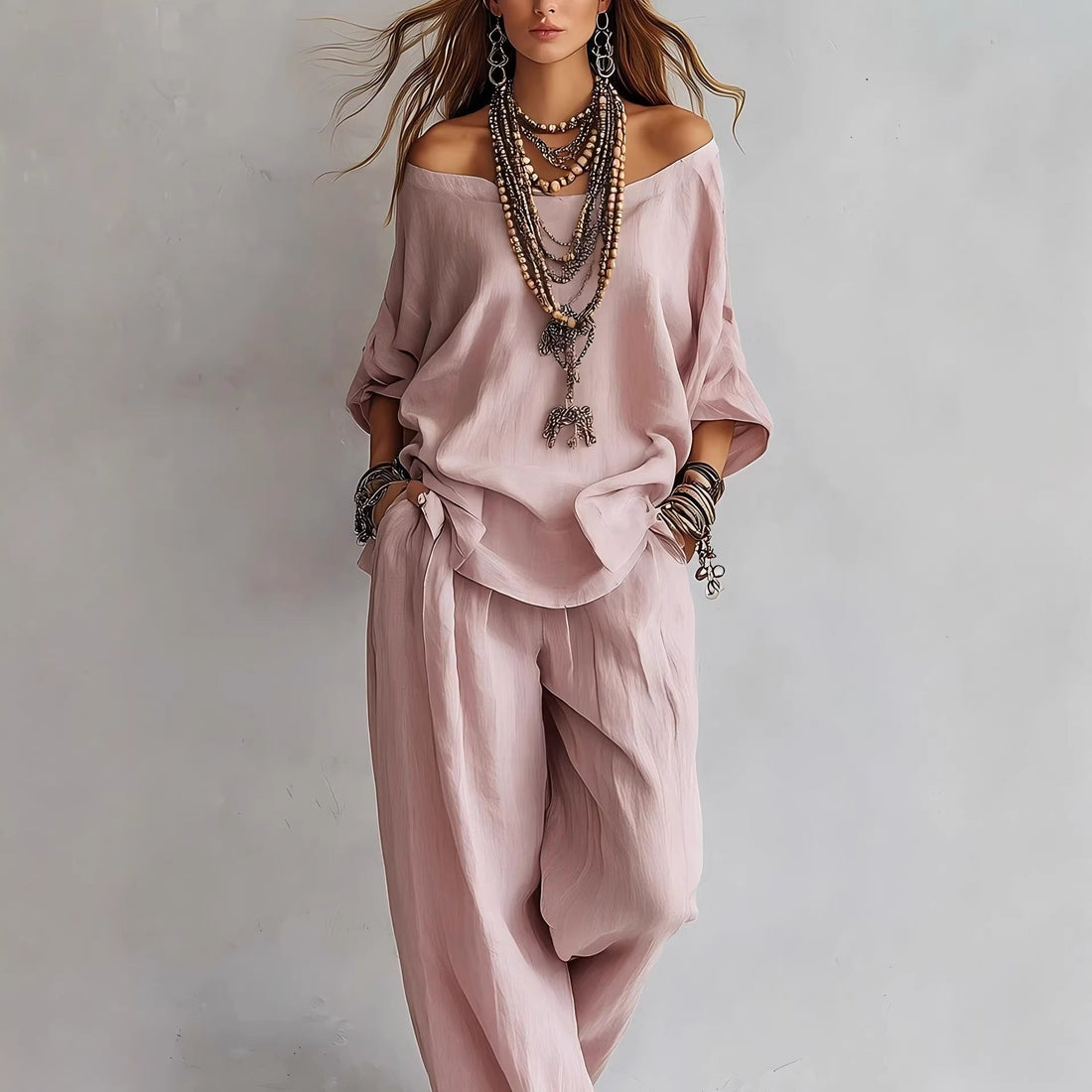 Chiffon Puff-Sleeve Top & Wide-Leg Pants Set – 15 Colors
