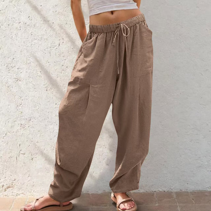 Women's Solid-Color Cotton-Linen Casual Loose Straight Pockets Lounge Pants With Drawstring See size chart under “more details”