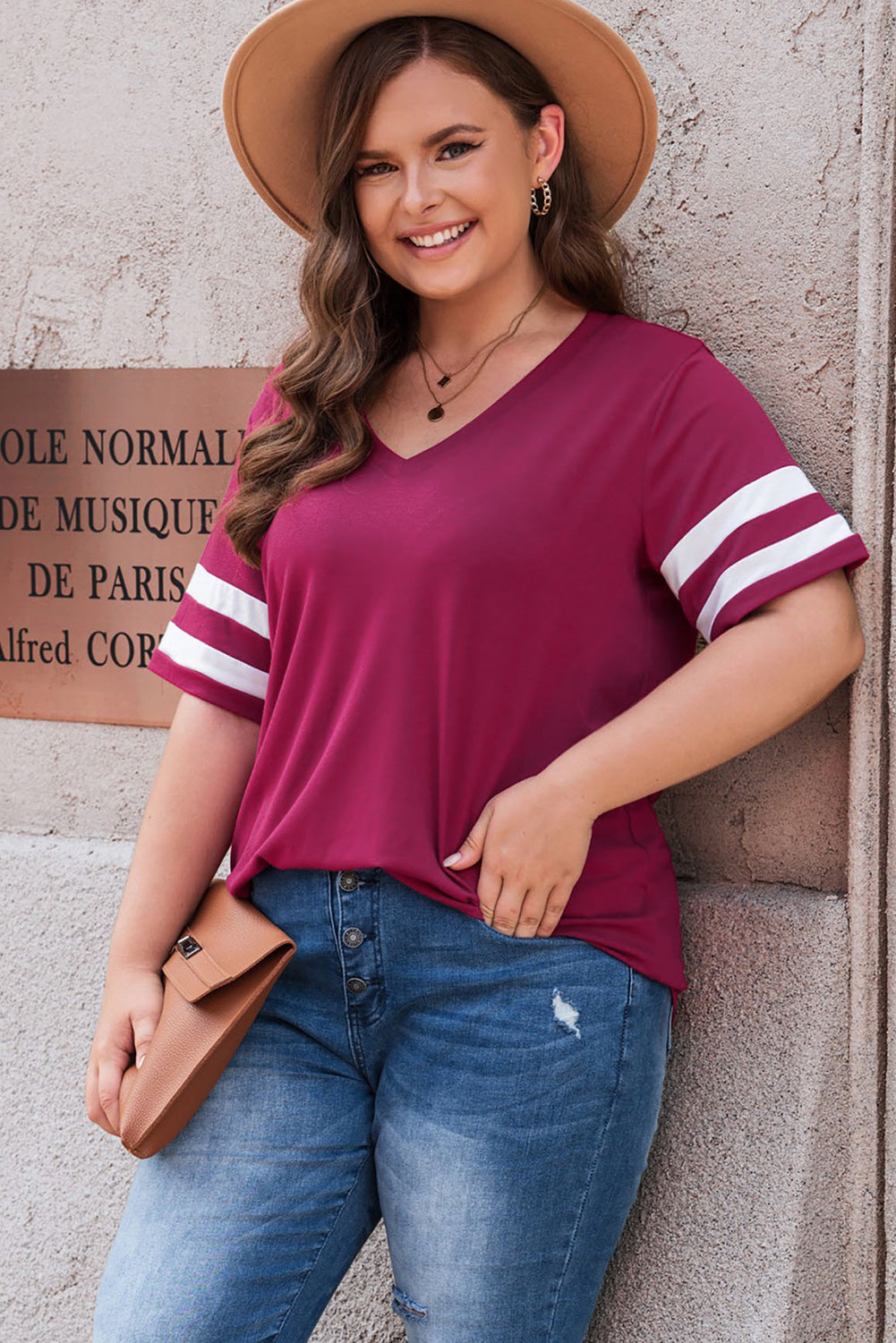 Plus Size Striped V-Neck Tee Shirt See size chart under “more details”