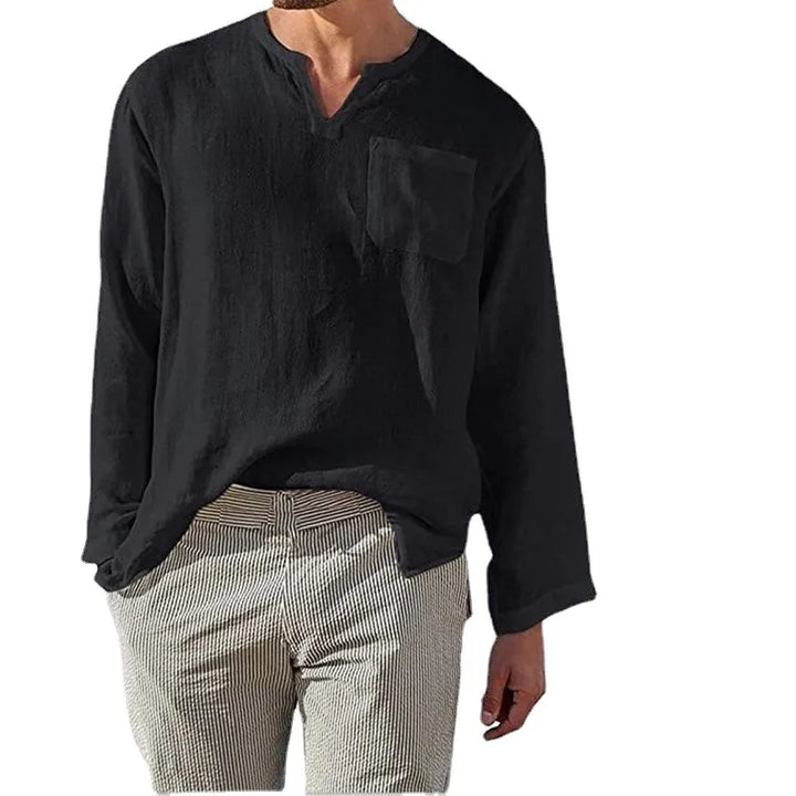 Men's Full Size Casual Notched Linen Long Sleeve Top Plus Size