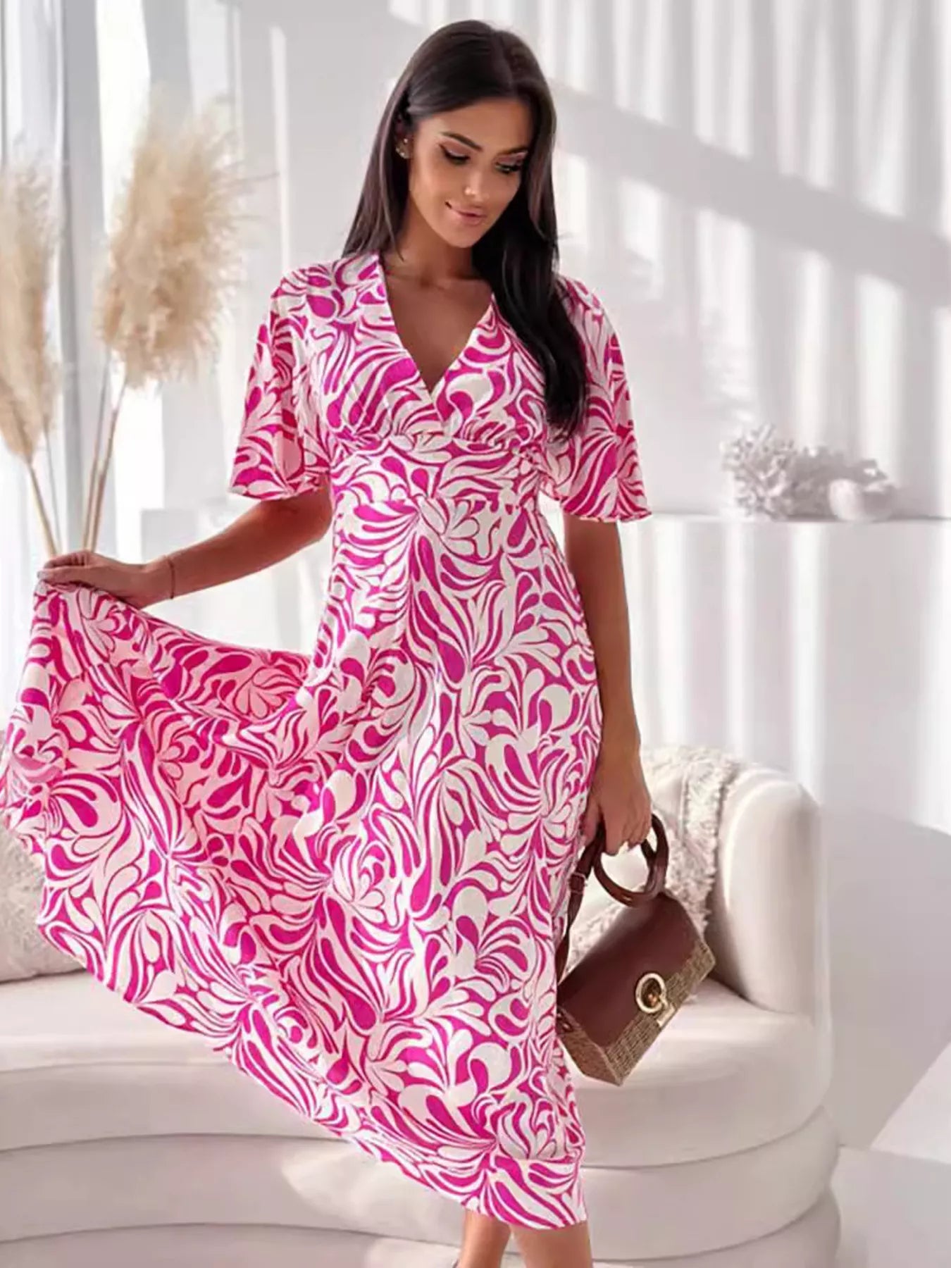 Women's Printed Flutter Sleeve Midi Dress