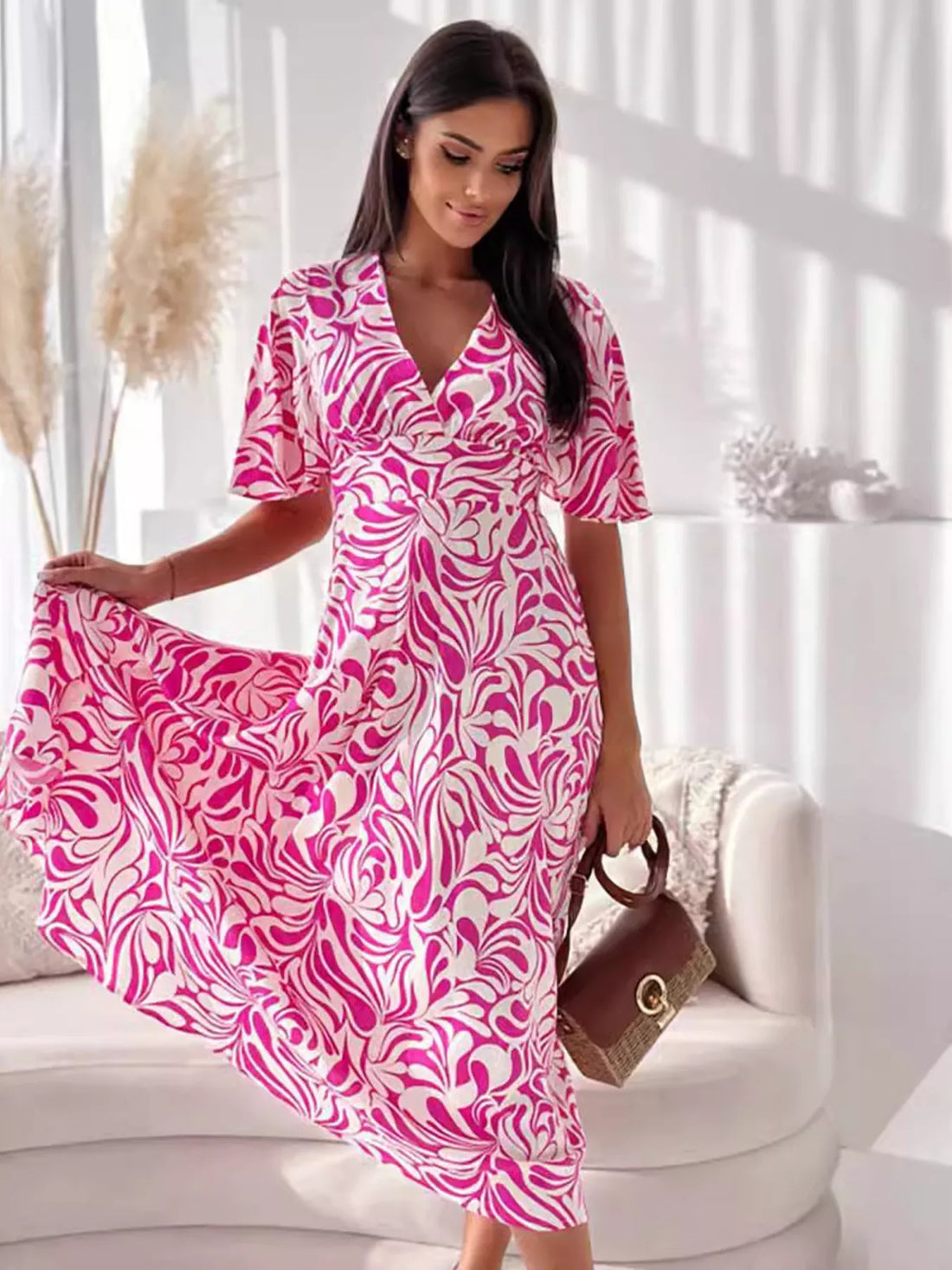 Women's Printed Flutter Sleeve Midi Dress