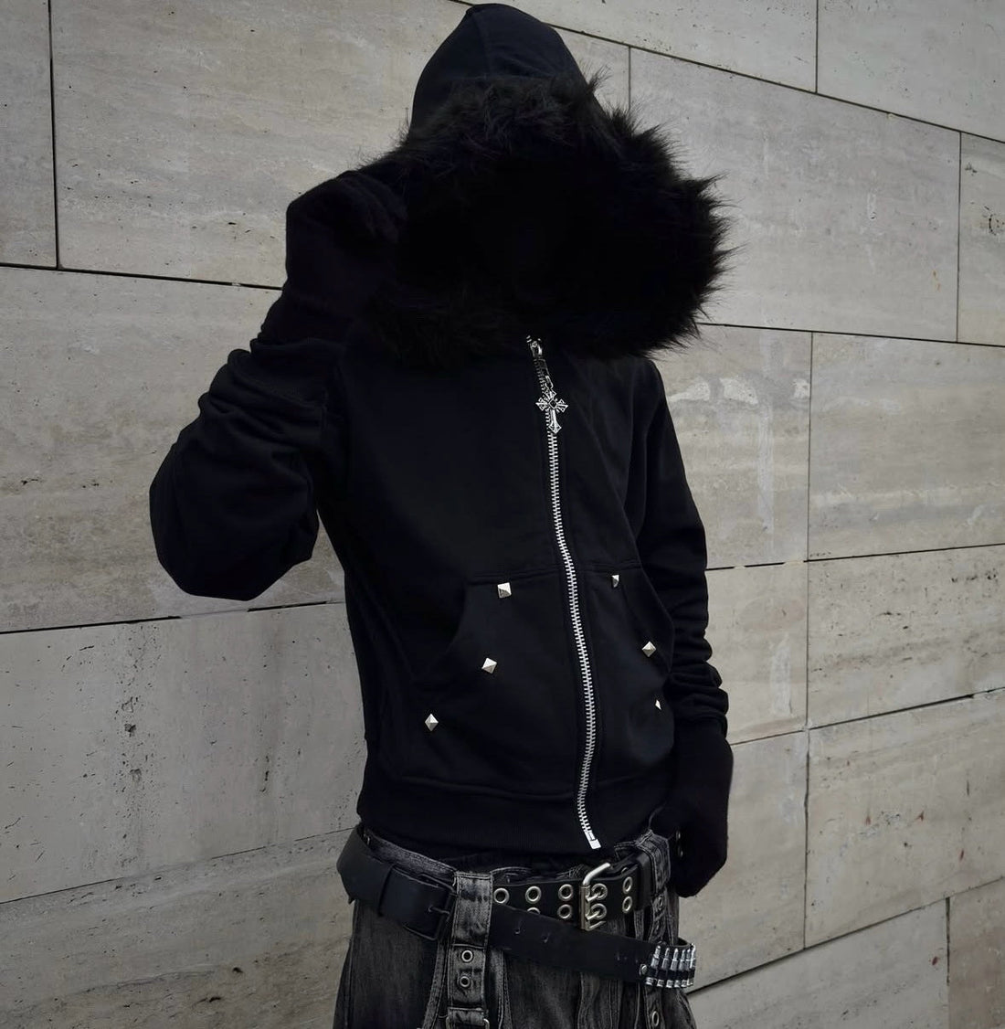 Letter-print Rhinestone-studded Hooded Loose-fit Zip-up Coat For Fallwinter Hip-hop Style