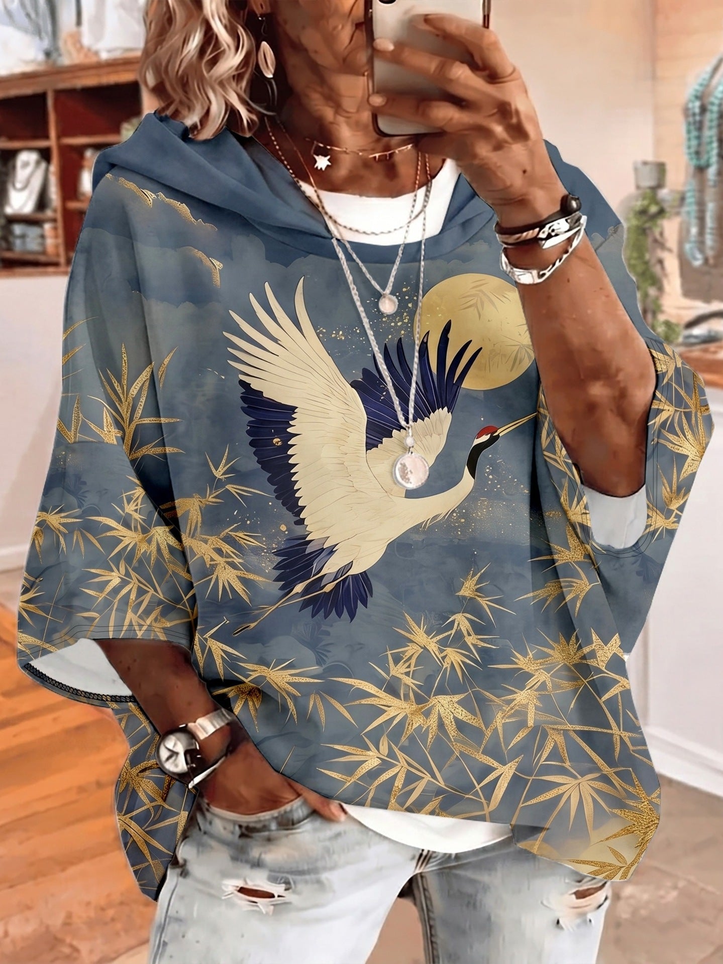 Women's Graphic Print Drawstring Hoodie – Three-Quarter Sleeves