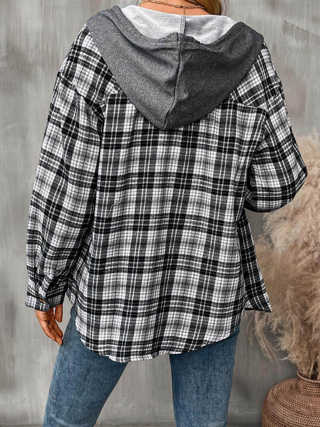 Plaid Long Sleeve Hooded Jacket for Women with Pockets