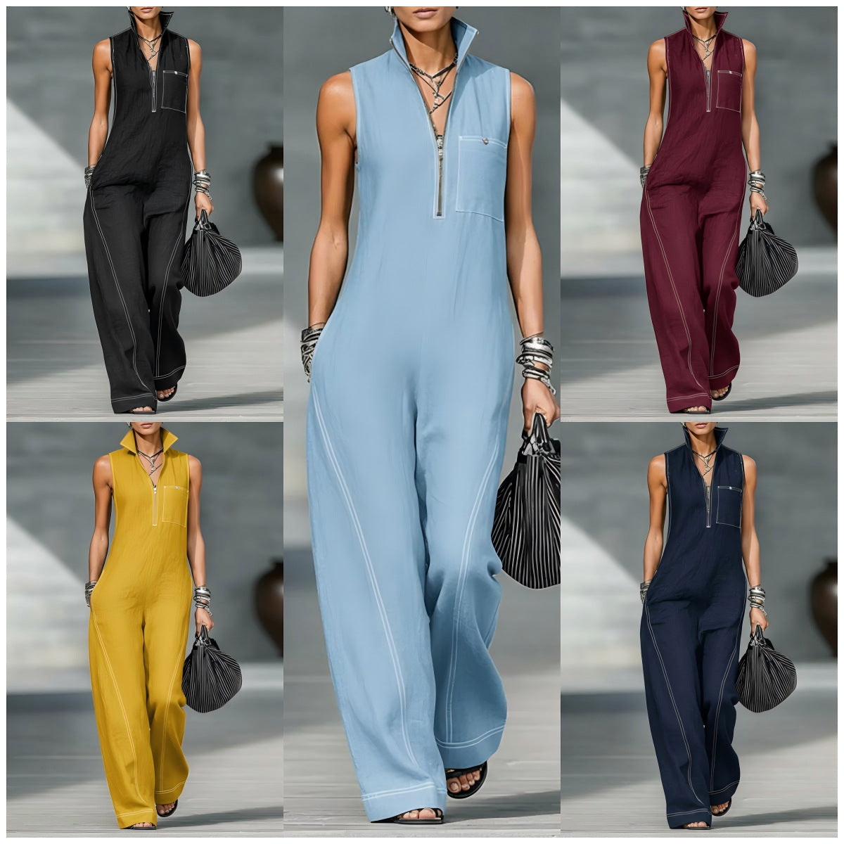 Women's Stand-up Collar Jumpsuit With Pockets Summer Fashion Casual Sleeveless Jumpsuit Trousers Women's Clothing