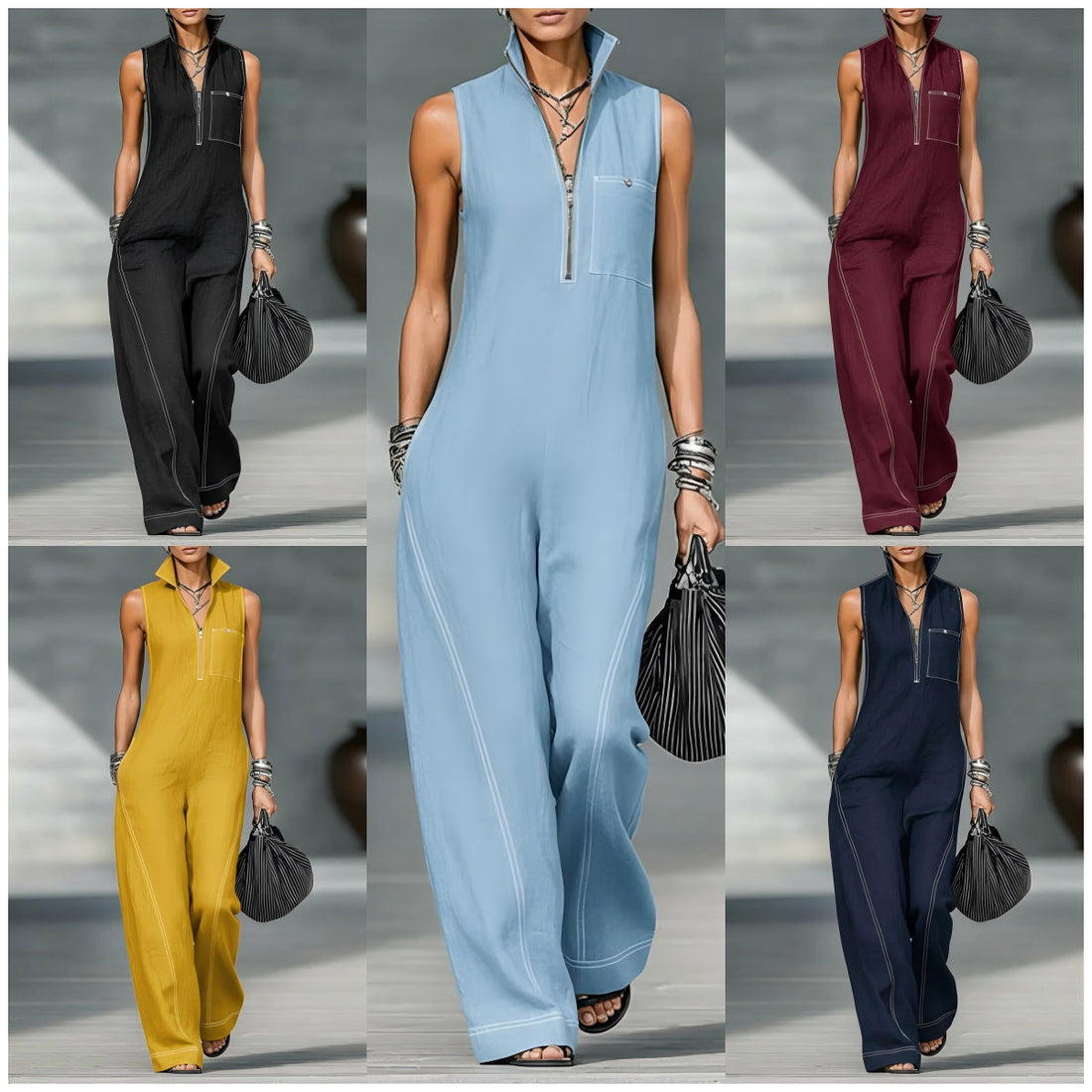Women's Stand-up Collar Jumpsuit With Pockets Summer Fashion Casual Sleeveless Jumpsuit Trousers Women's Clothing