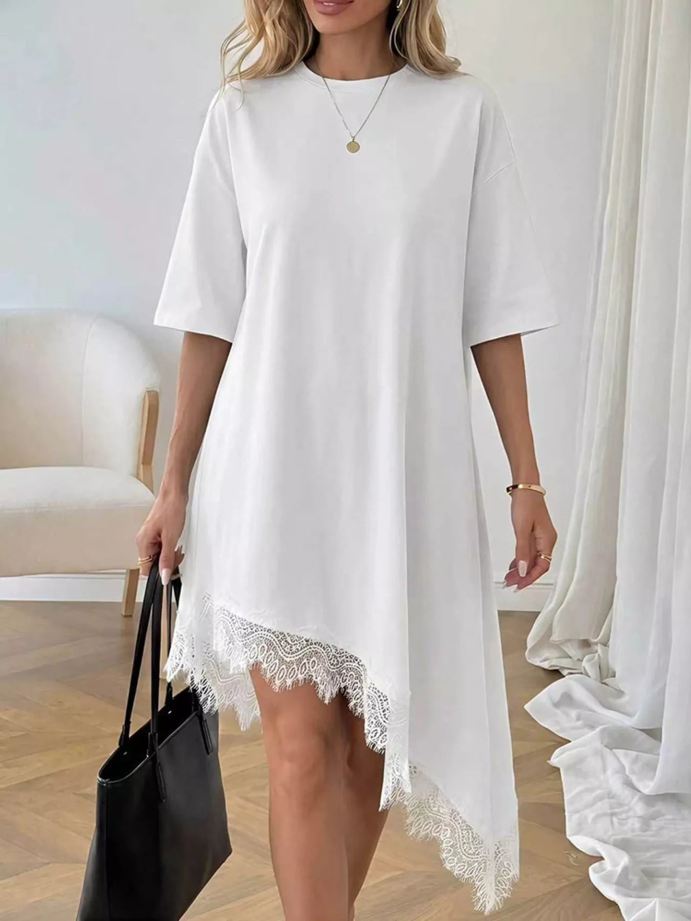 Women's Lace Trim Asymmetrical Hem T-shirt Dress