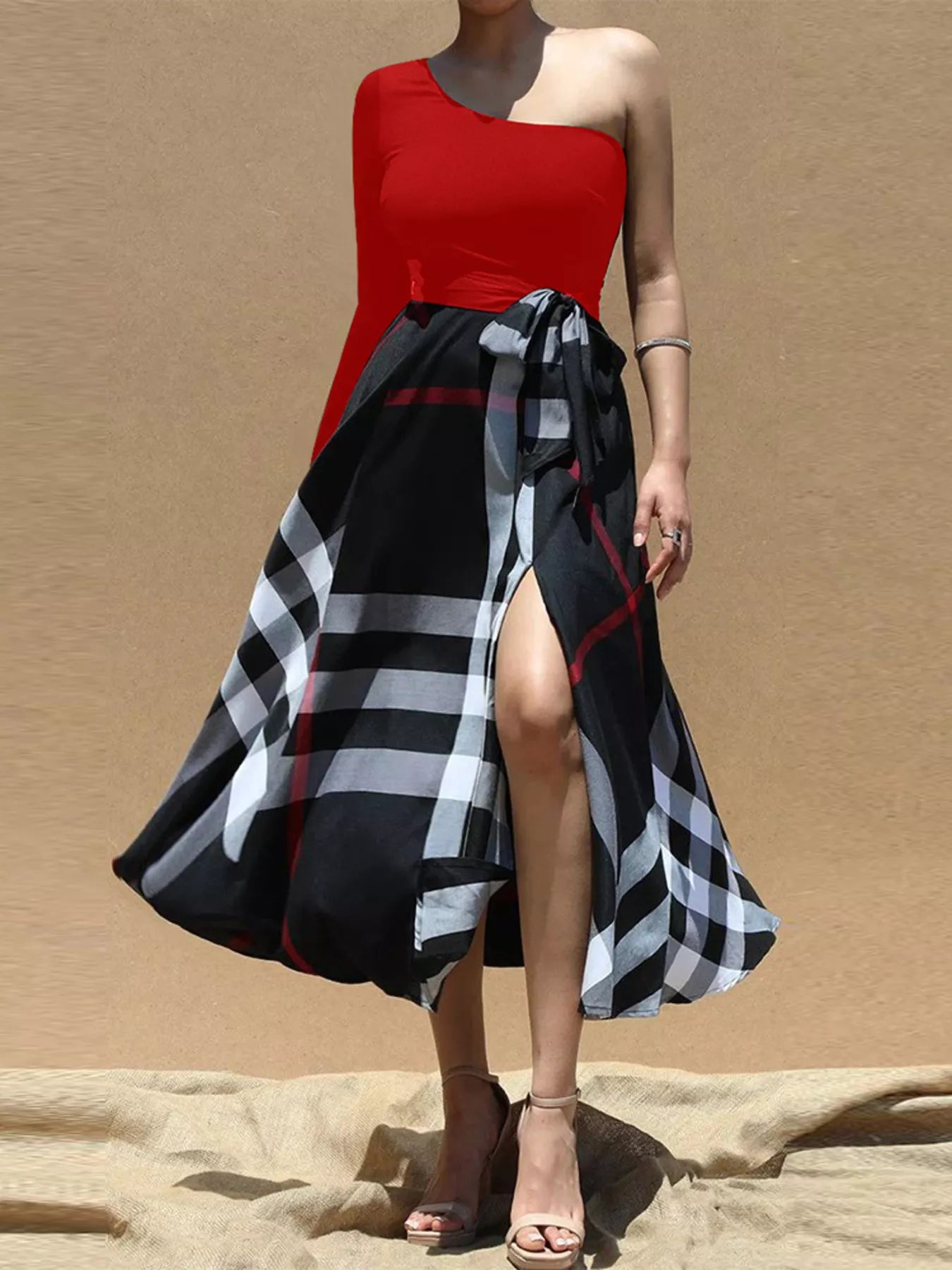 Women's Asymmetrical One-Sleeve Plaid Midi Dress with Waist Tie