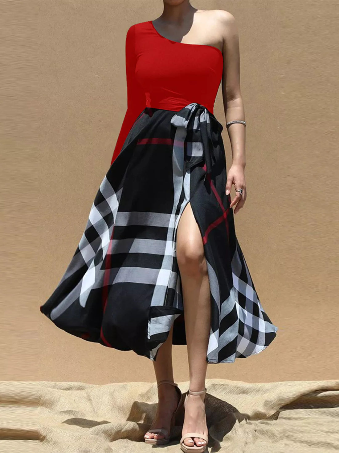 Women's Asymmetrical One-Sleeve Plaid Midi Dress with Waist Tie