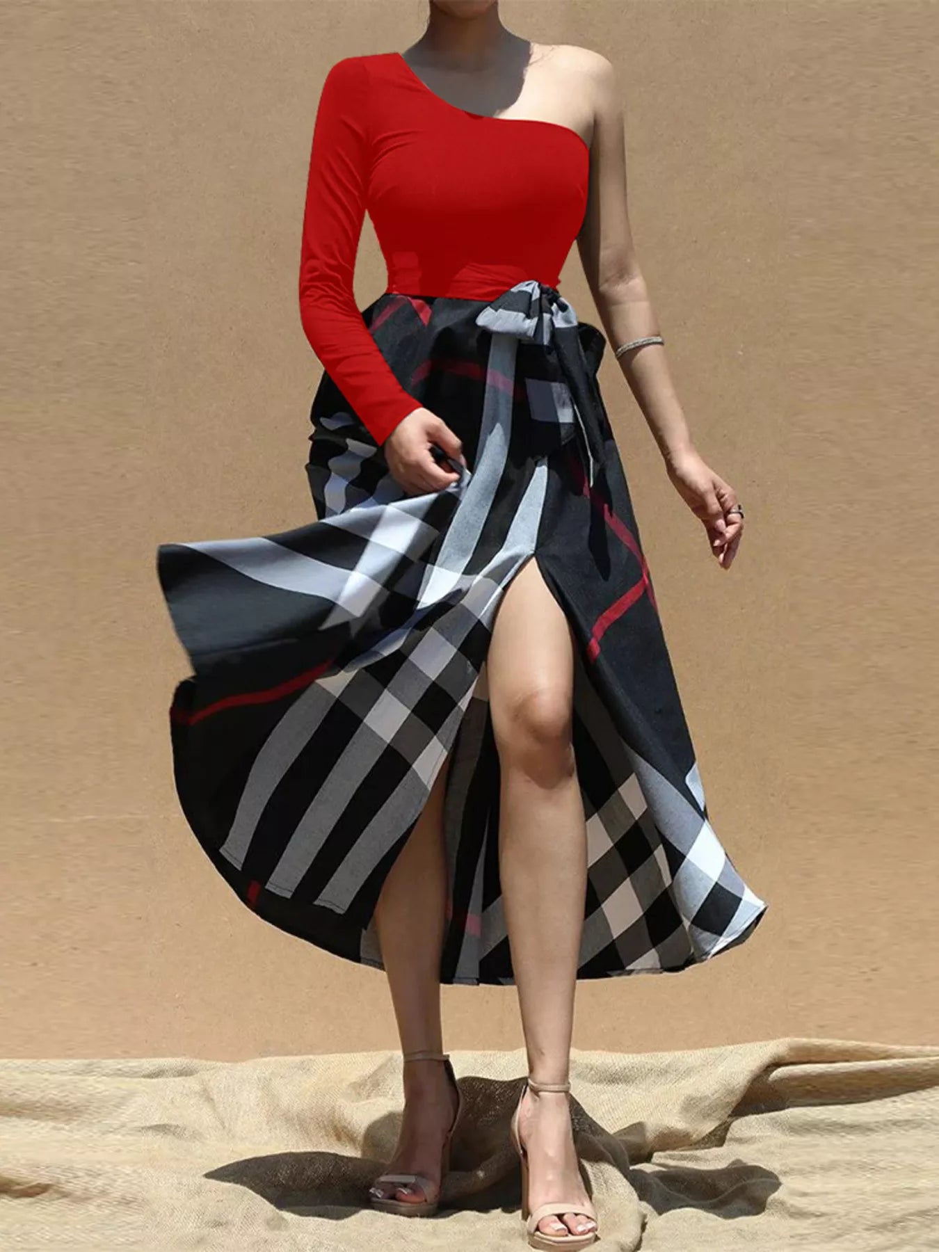 Women's Asymmetrical One-Sleeve Plaid Midi Dress with Waist Tie