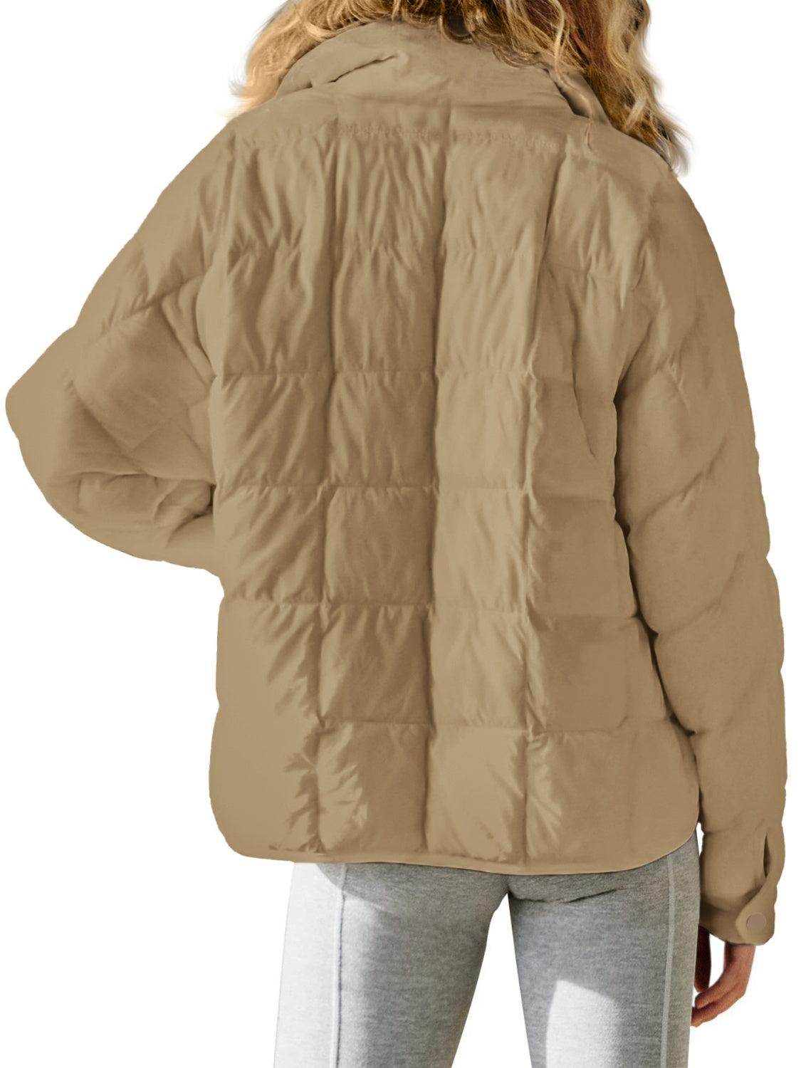 Pocketed Plaid Quilted Zip Up Winter Coat for Women