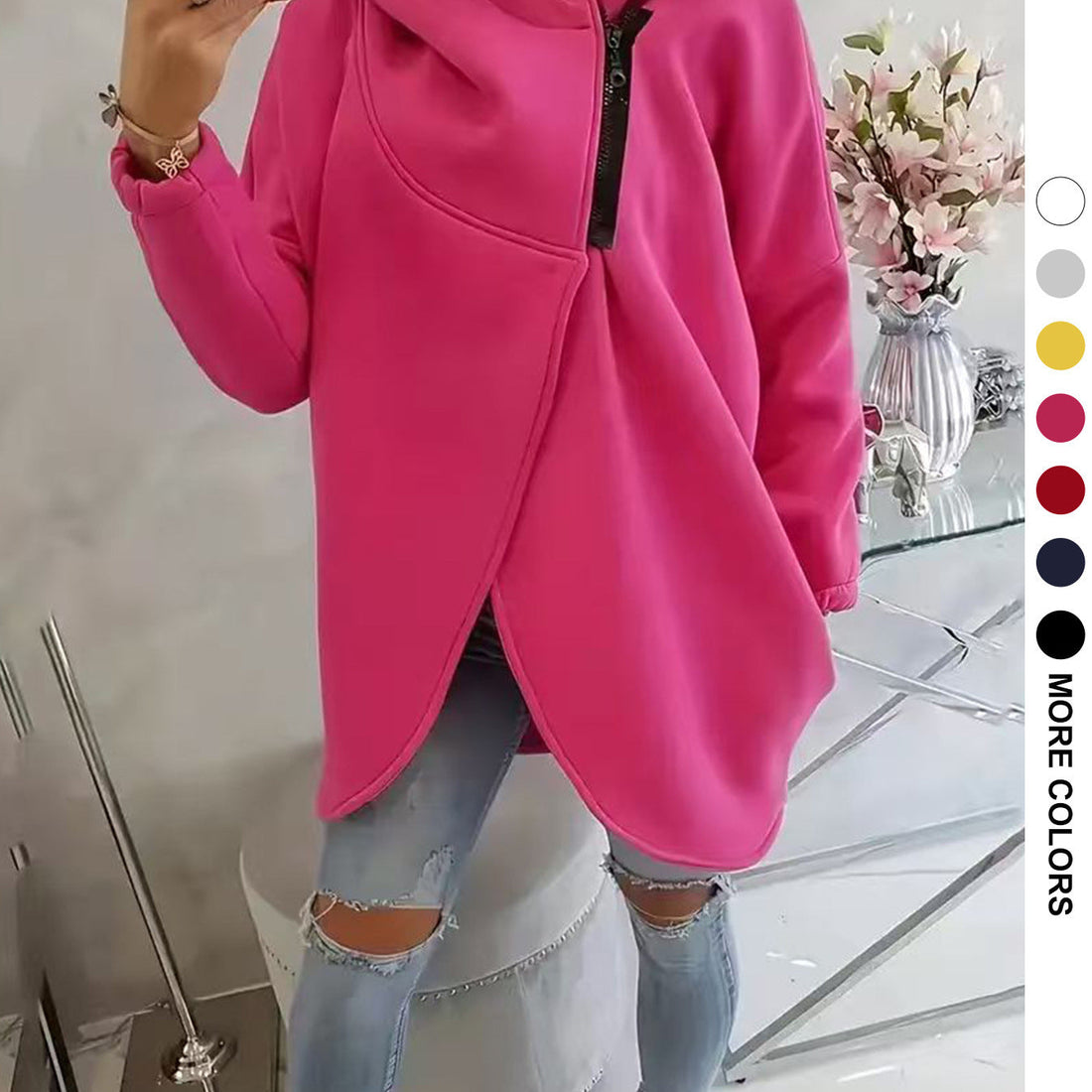 Womens Solid-color Long-sleeve Casual Hooded Sweatshirt