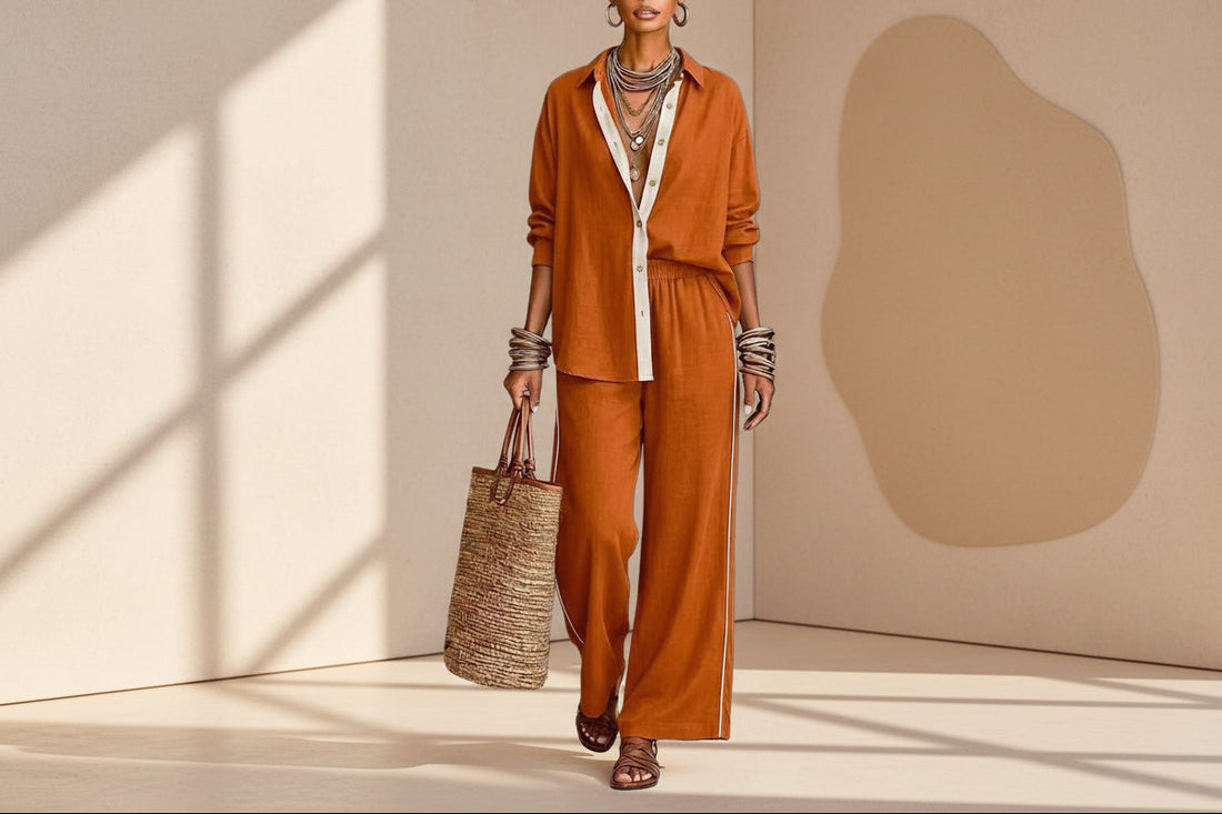 Contrast-Color Long-Sleeve Shirt & Pants Set – Two-Piece