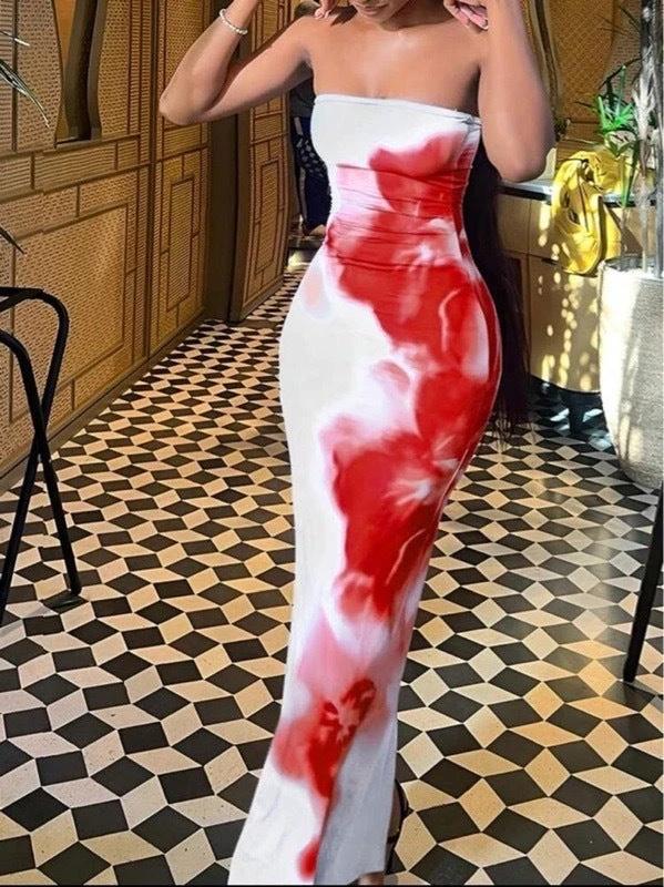 Contrast Color Floral Sexy Tube Top Dress
