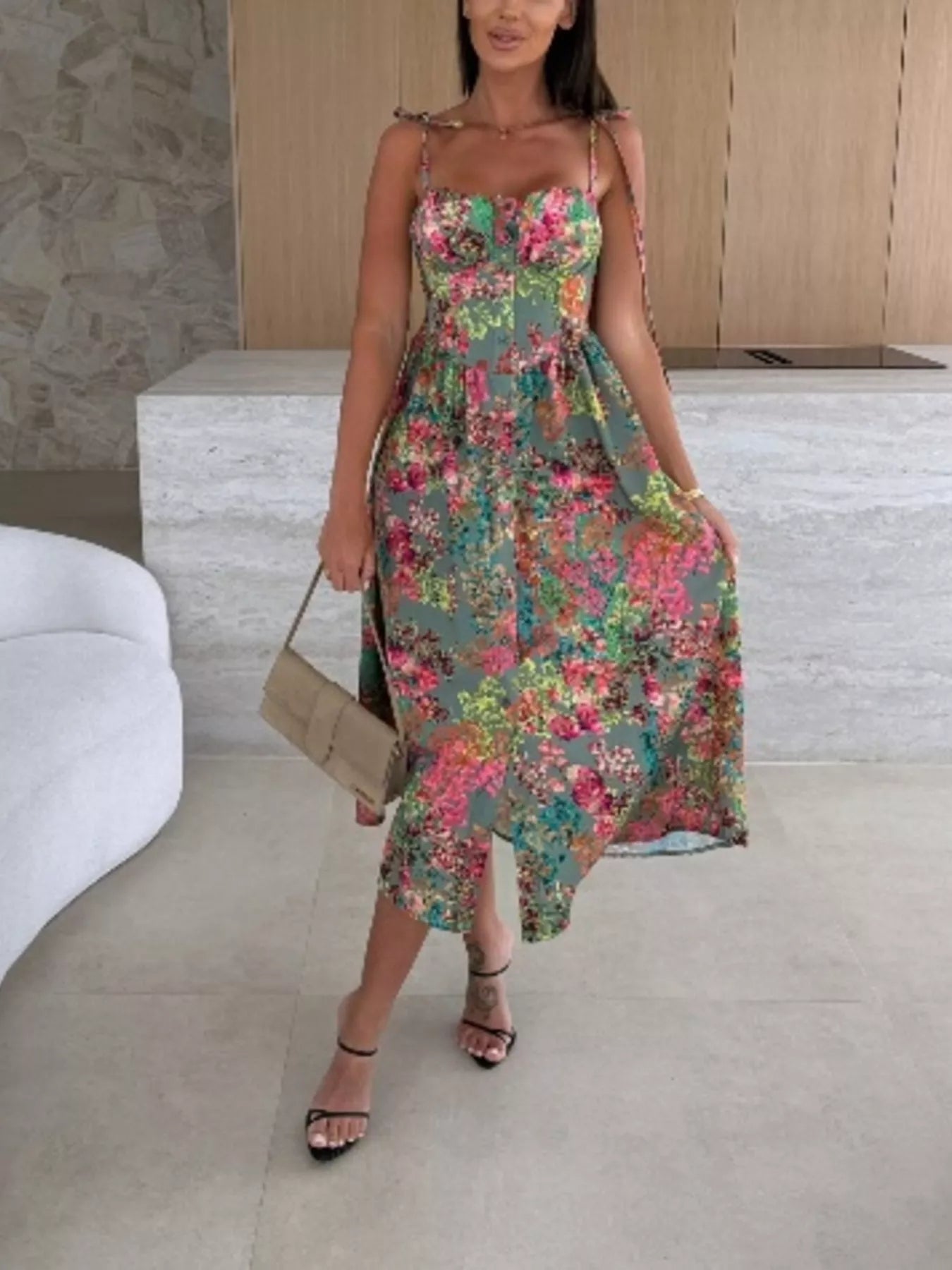 Women's Printed Tie-Strap Midi Dress