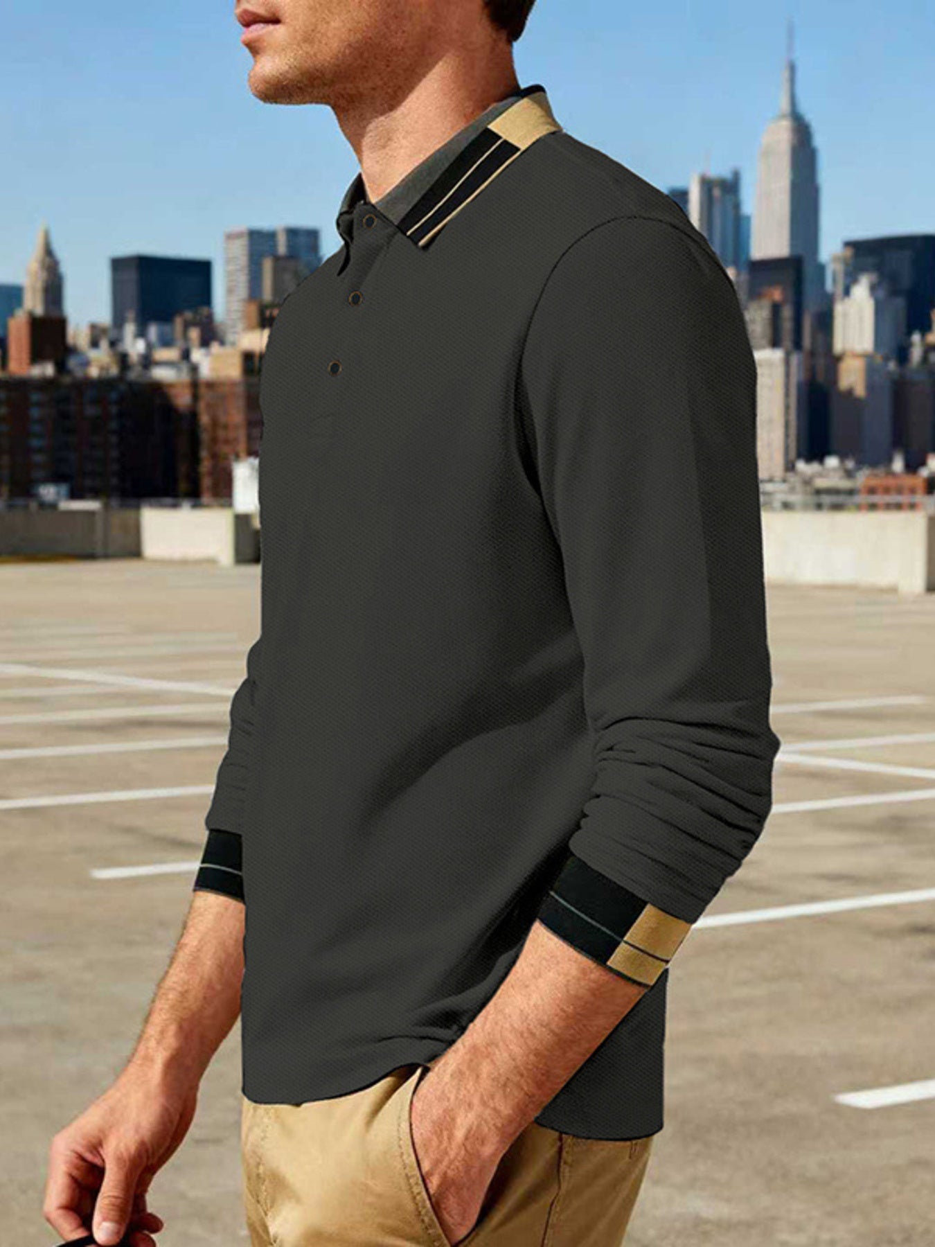 Men's Full Size Button Detail Long Sleeve Polo Plus Size