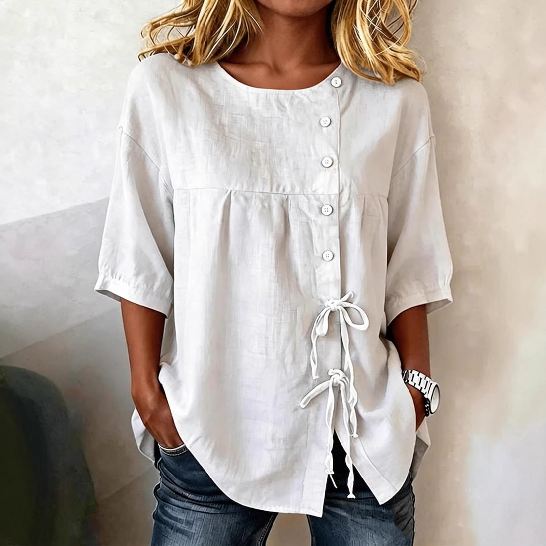 Women's Lace-Up Button Shirt – 3/4 Sleeve Asymmetric
