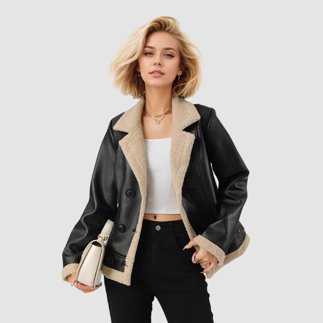 Fleece Padded Women's Leather Coat